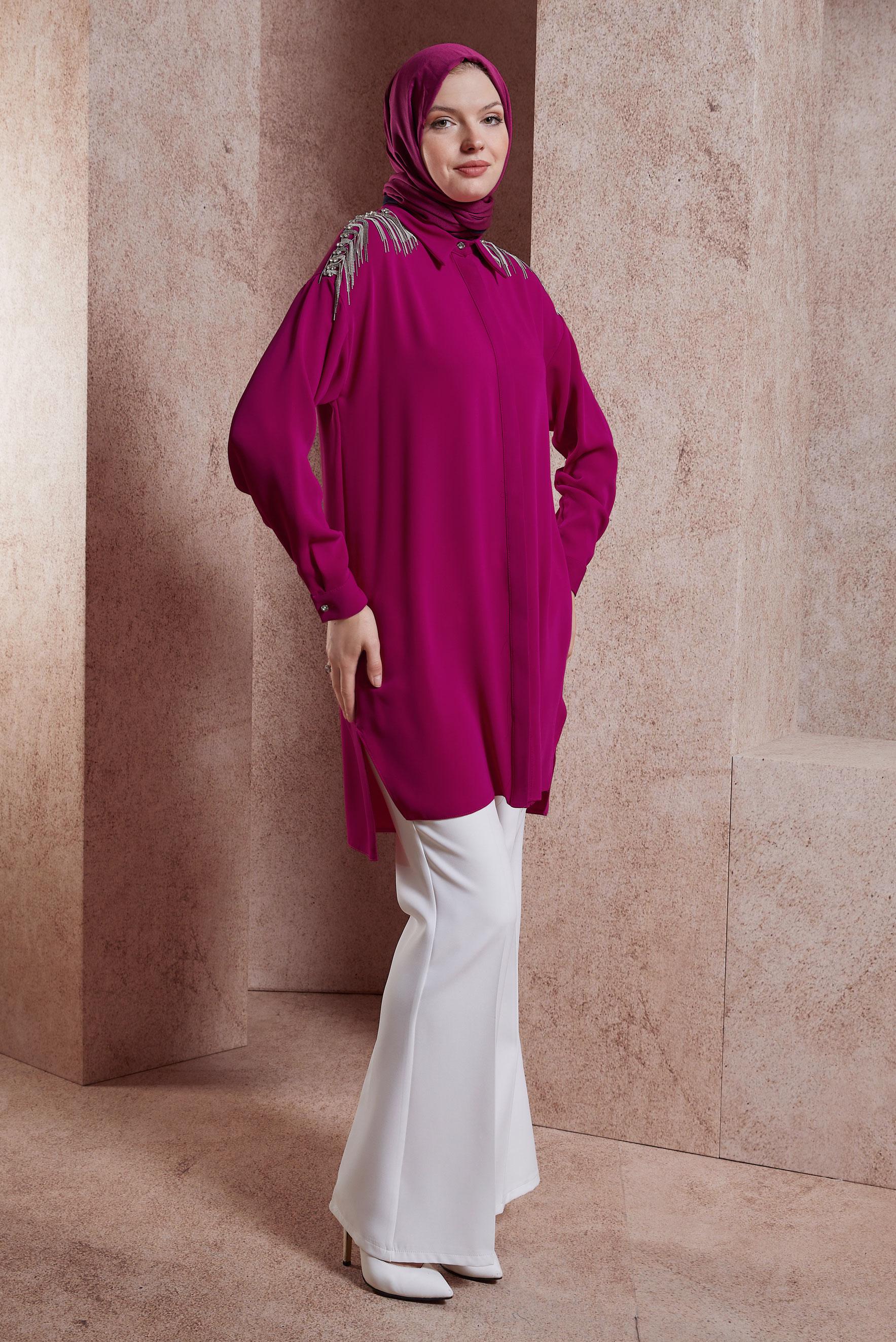 Tesettür giyim FUŞYA PÜSKÜL DETAYLI TUNİK 44482