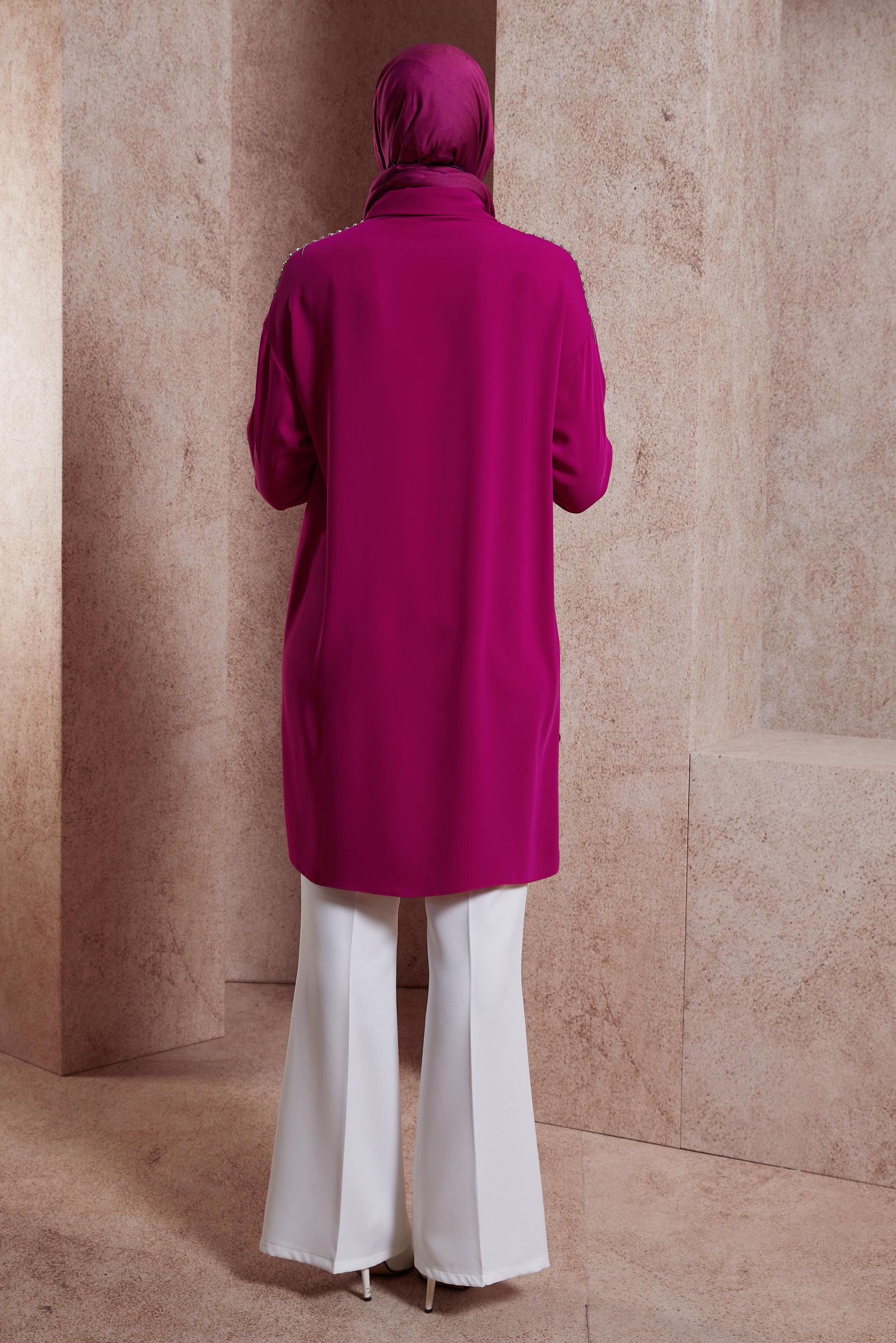 Tesettür giyim FUŞYA PÜSKÜL DETAYLI TUNİK 44482