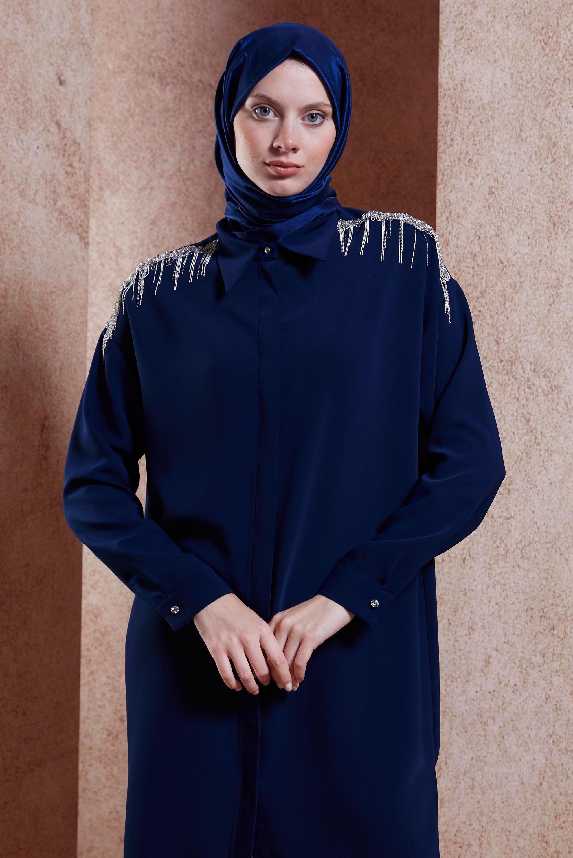 Vêtements hijab BLEU MARINE TUNIQUE À FRANGES 44482