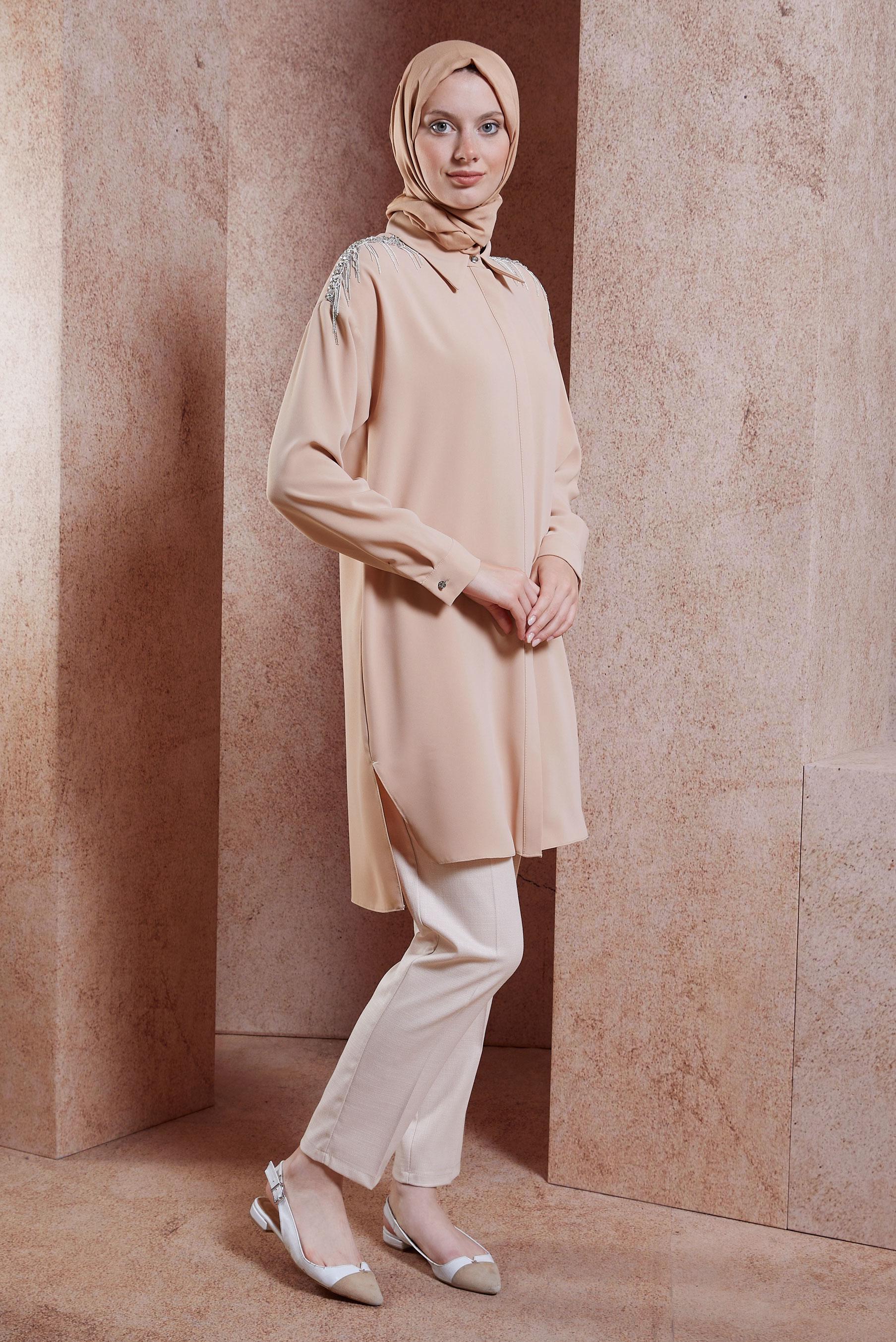 Tesettür giyim PUDRA PÜSKÜL DETAYLI TUNİK 44482