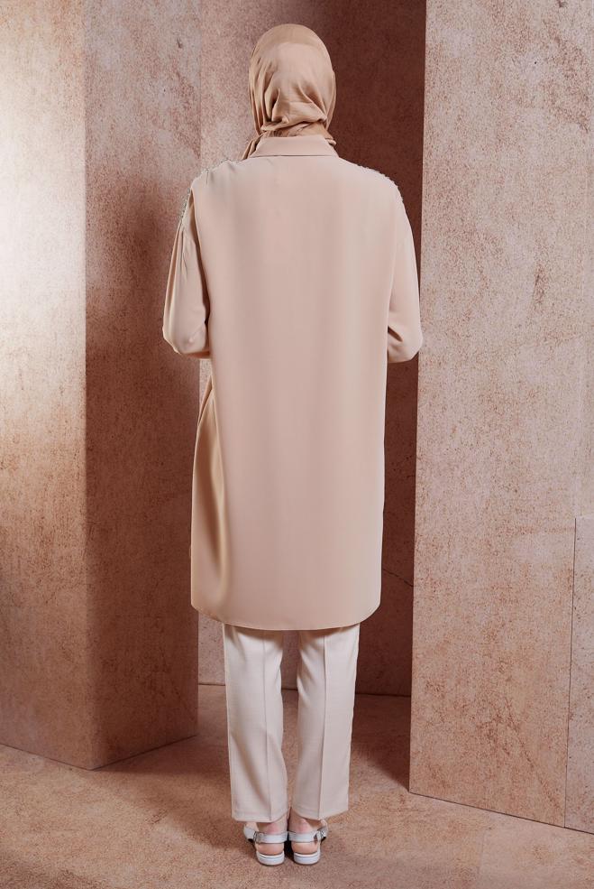 Tesettür giyim PUDRA PÜSKÜL DETAYLI TUNİK 44482 - ALVİNA