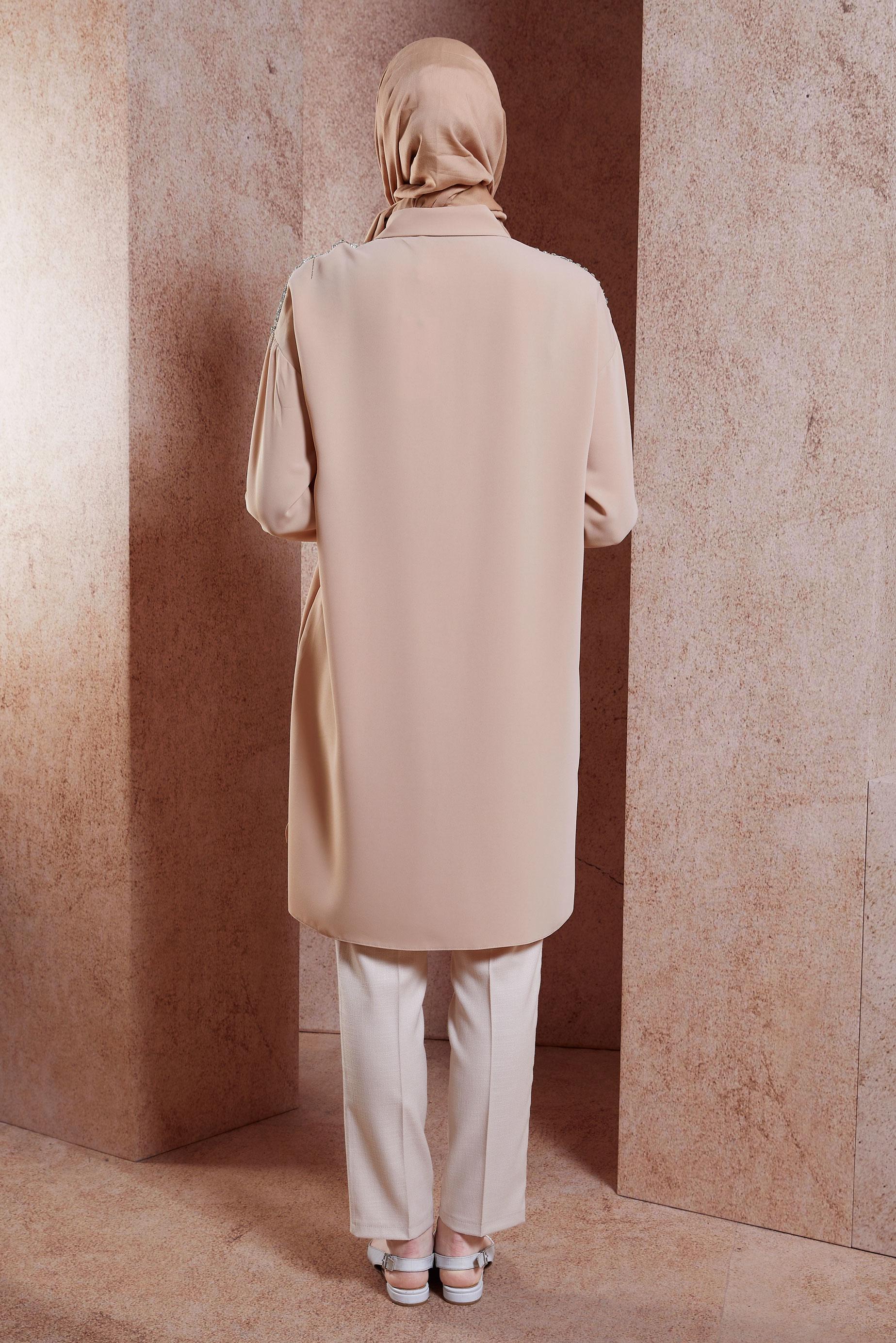 Tesettür giyim PUDRA PÜSKÜL DETAYLI TUNİK 44482