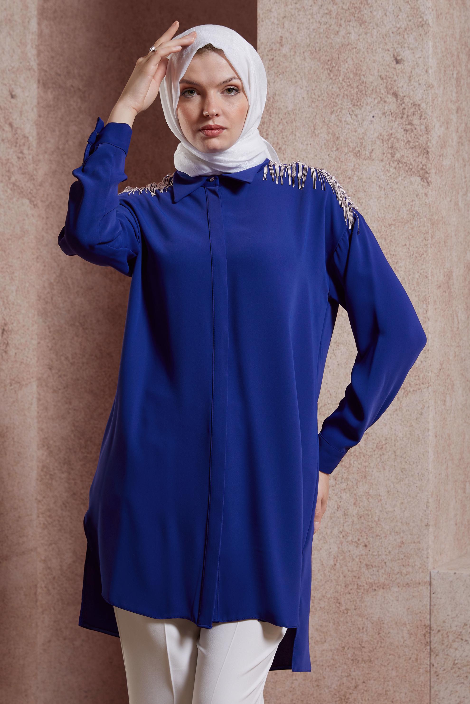 Tesettür giyim LACİVERT PÜSKÜL DETAYLI TUNİK 44482