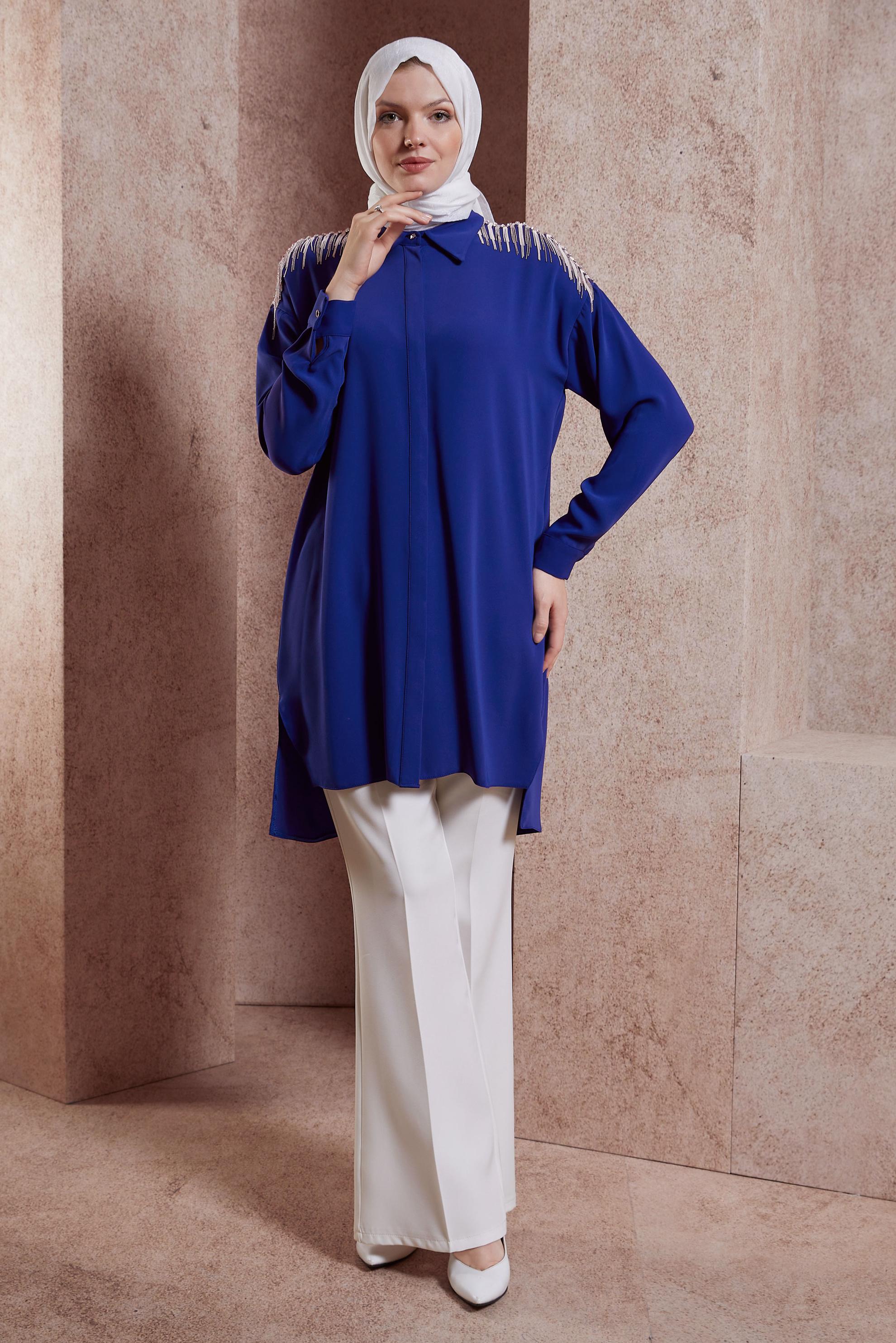 Tesettür giyim LACİVERT PÜSKÜL DETAYLI TUNİK 44482