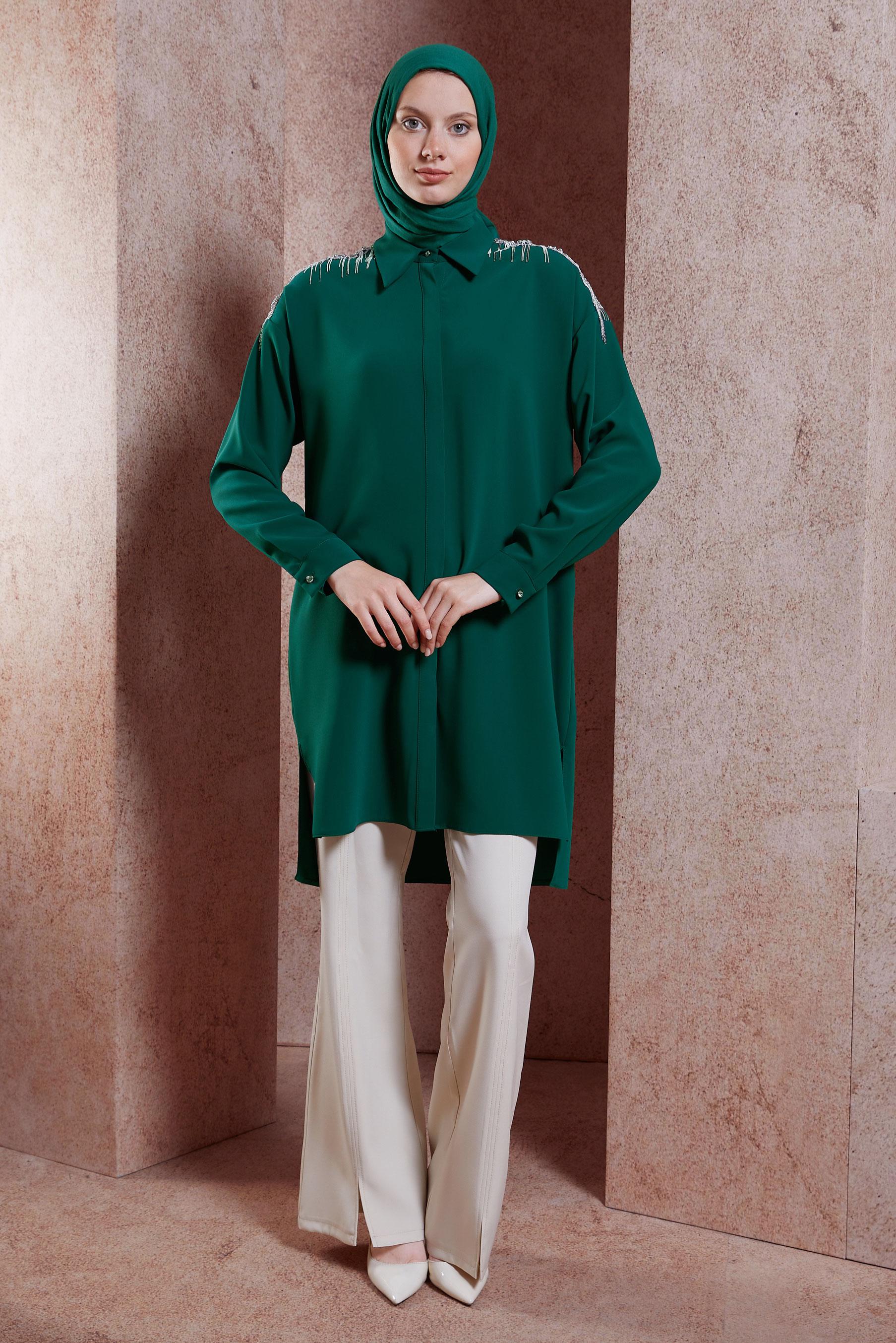 Vêtements hijab VERT TUNIQUE À FRANGES 44482