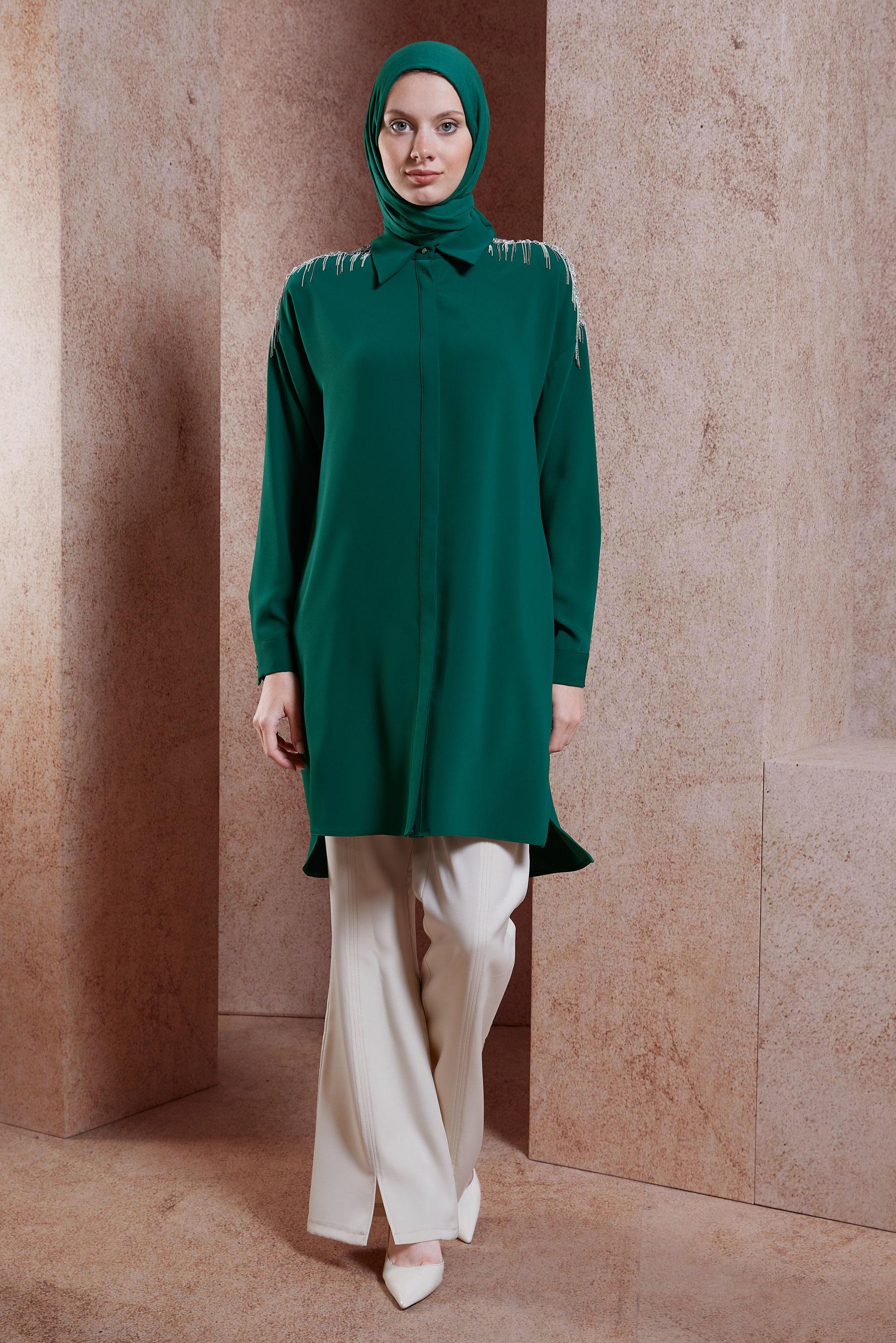 Vêtements hijab VERT TUNIQUE À FRANGES 44482