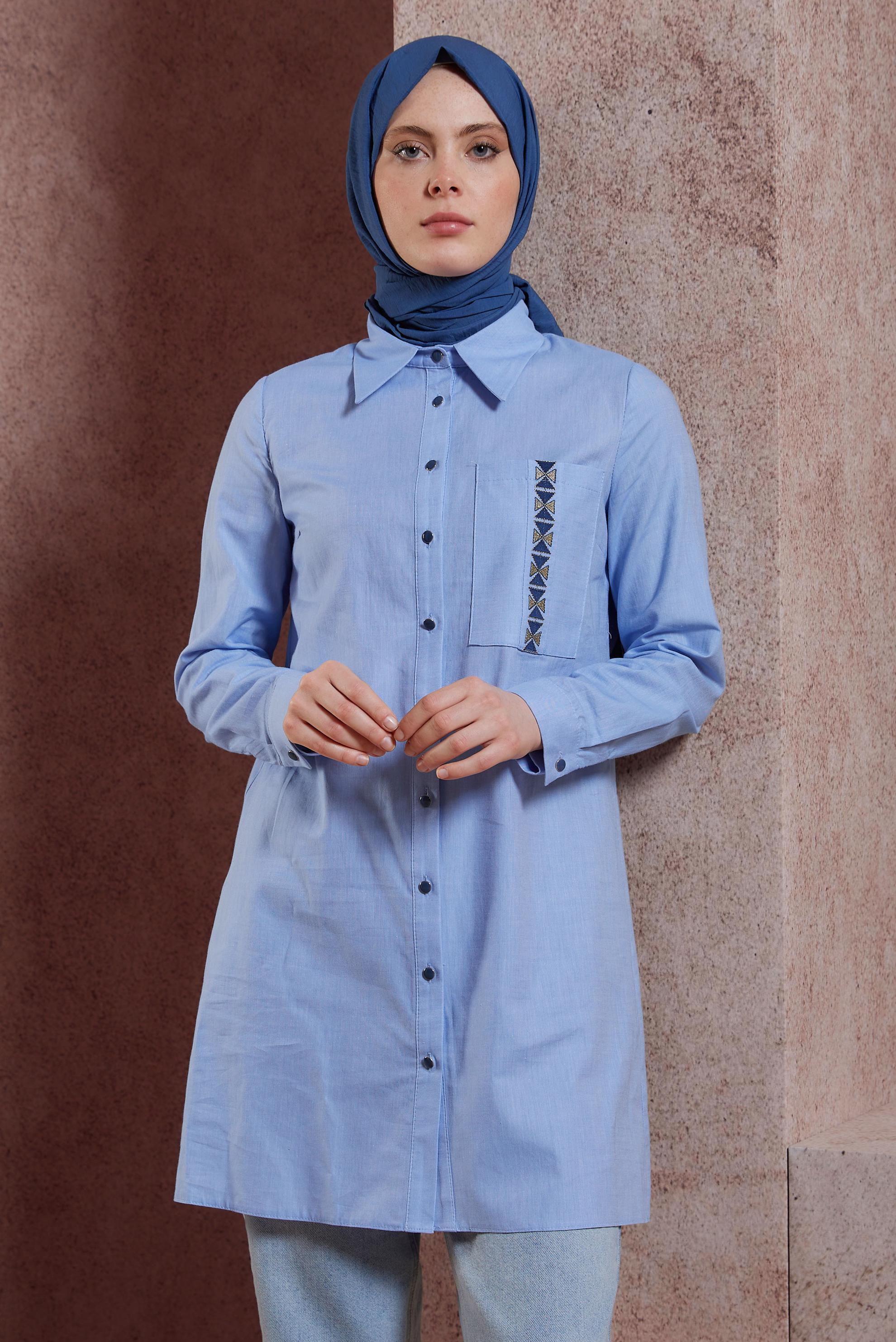 Tesettür giyim MAVİ PAMUKLU GÖMLEK YAKA TUNİK 44487