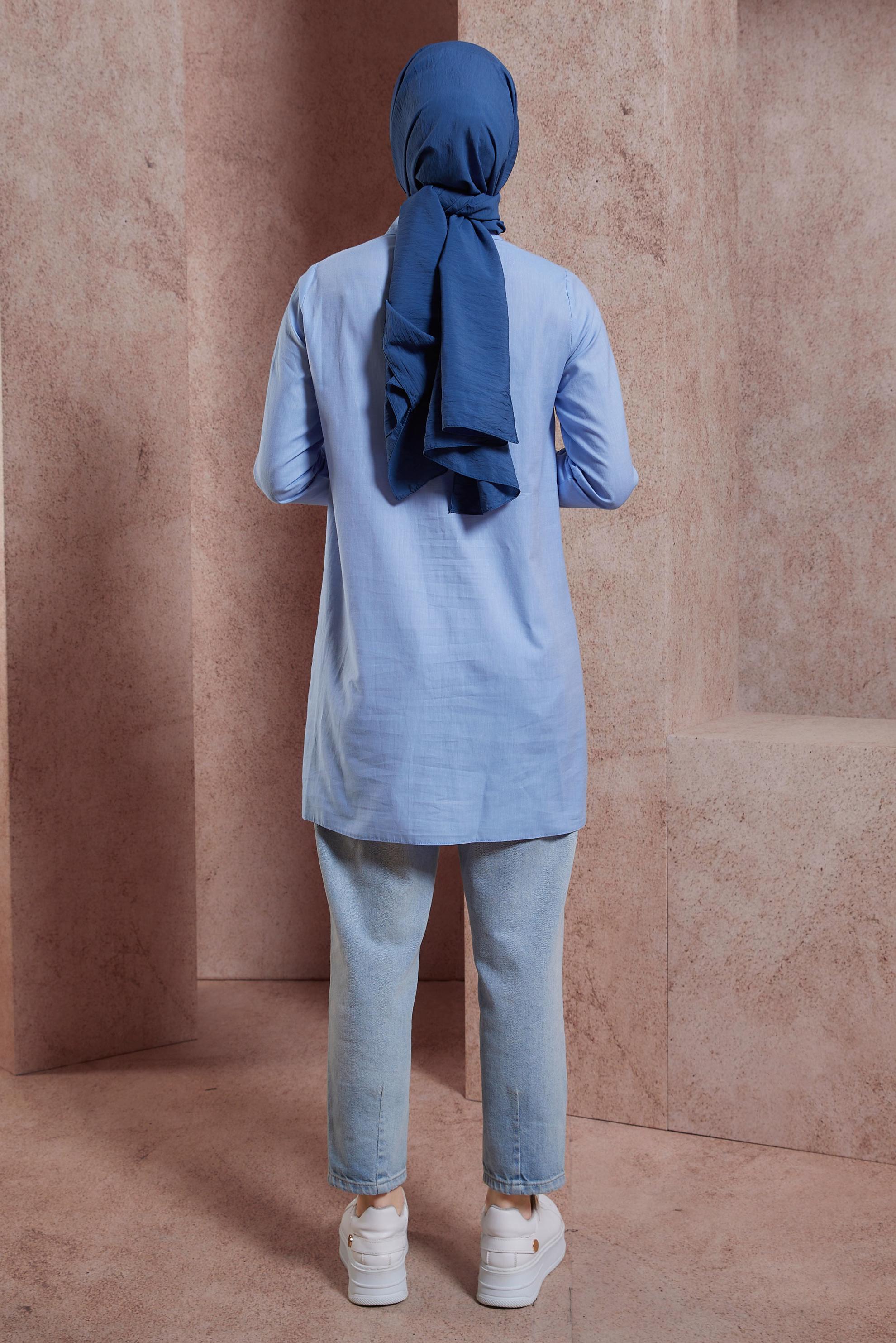 Tesettür giyim MAVİ PAMUKLU GÖMLEK YAKA TUNİK 44487