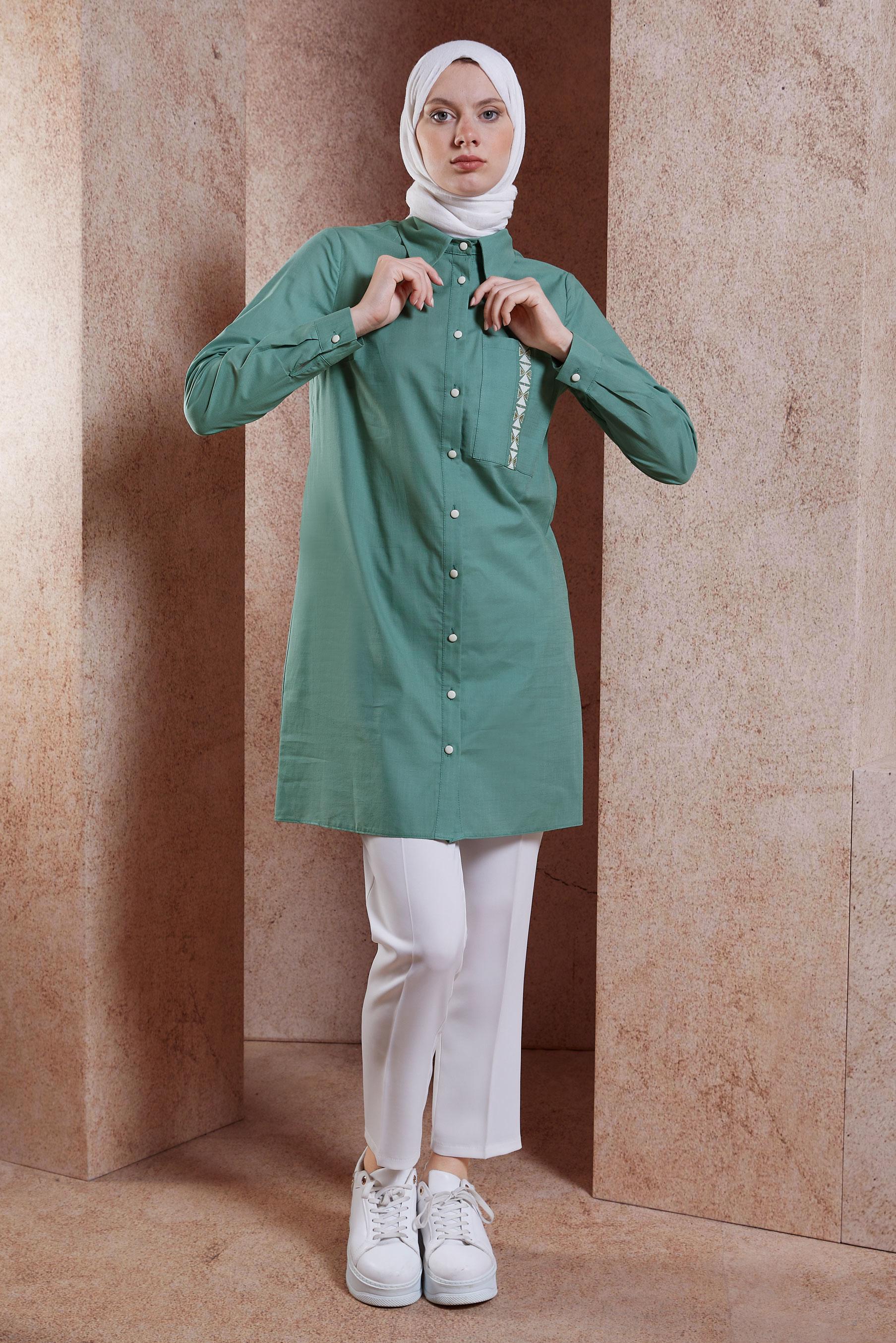 Tesettür giyim YEŞİL PAMUKLU TESETTÜR TUNİK 44487-1