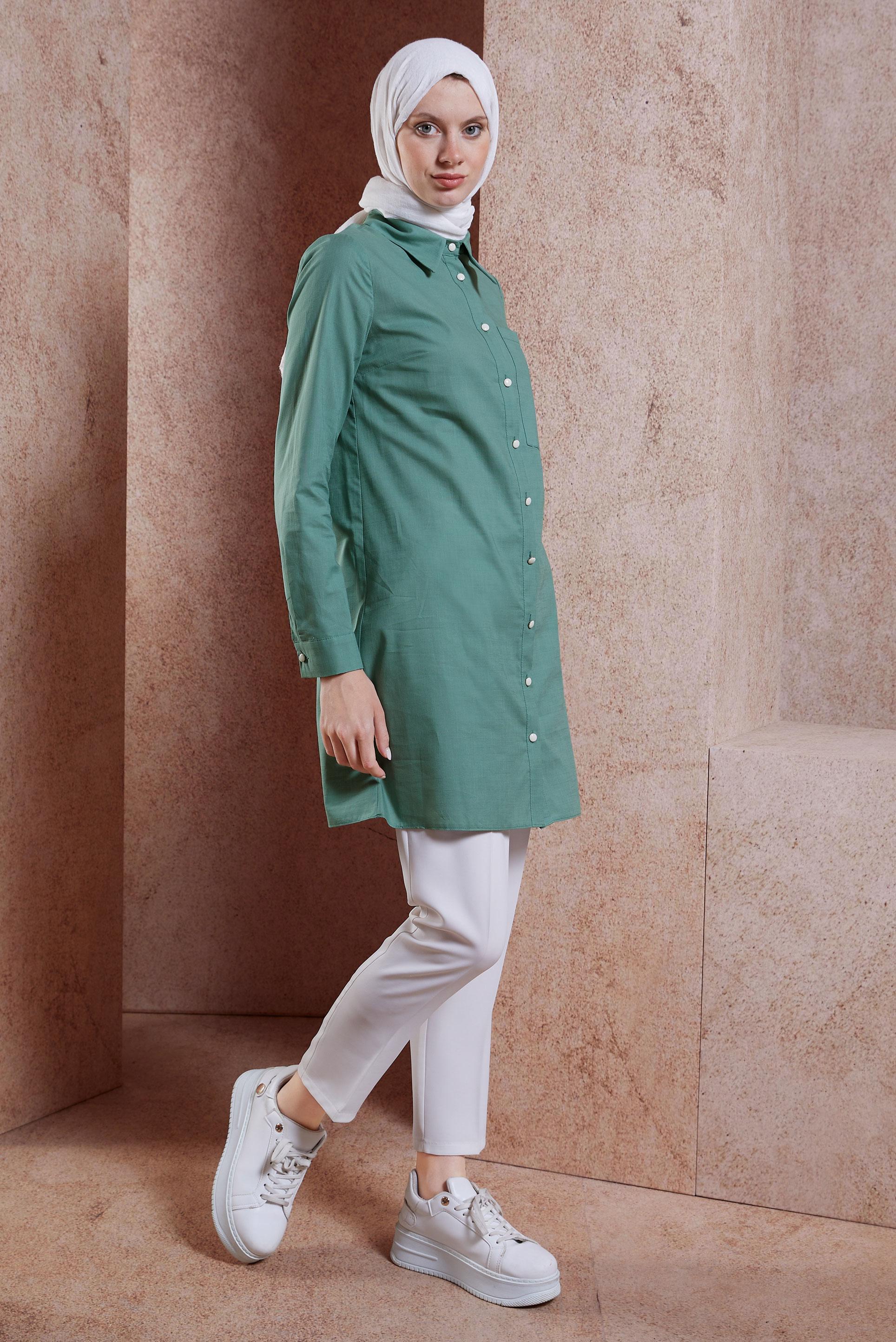 Tesettür giyim YEŞİL PAMUKLU TESETTÜR TUNİK 44487-1
