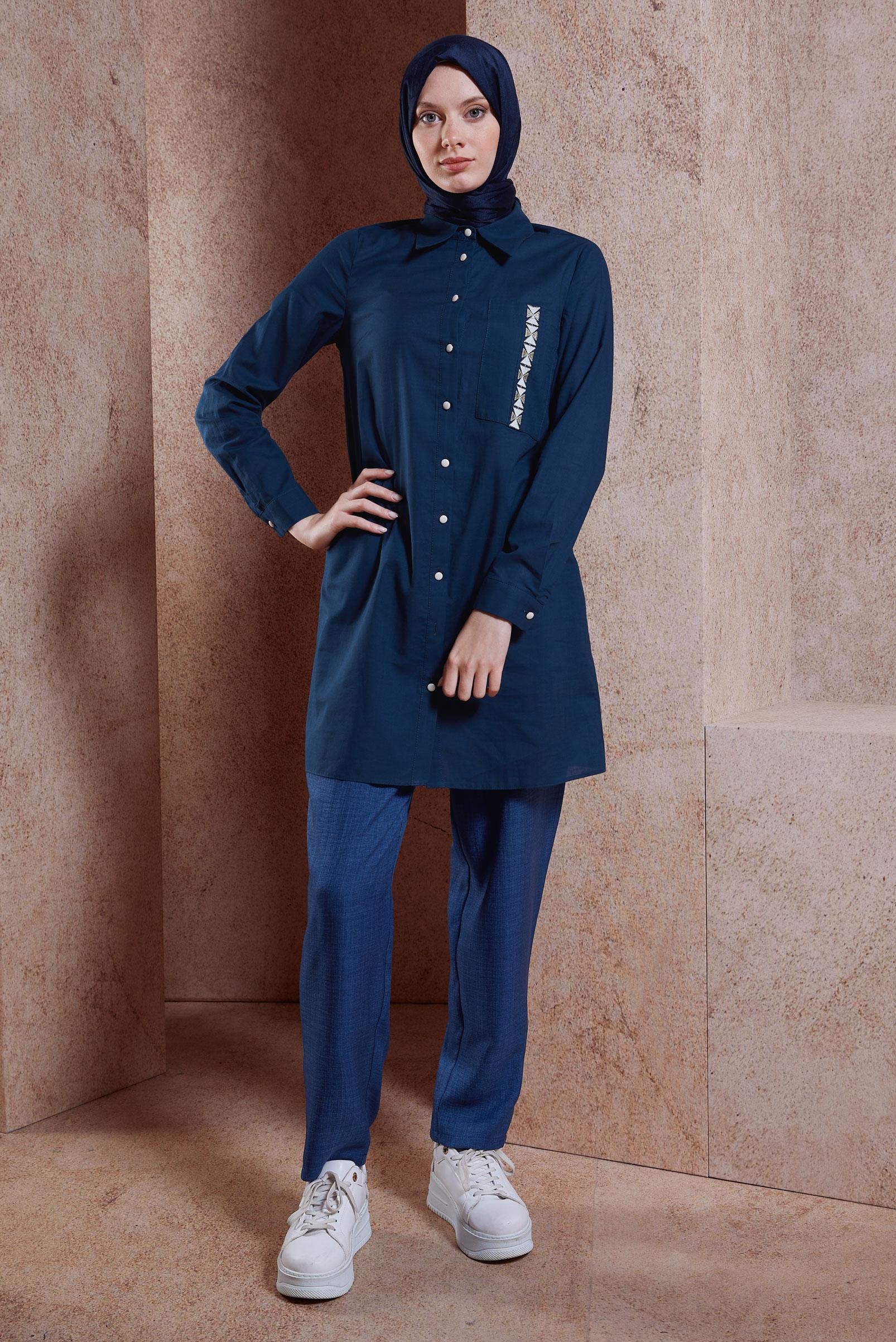 Vêtements hijab BLEU MARINE TUNIQUE MODESTE EN COTON 44487-1