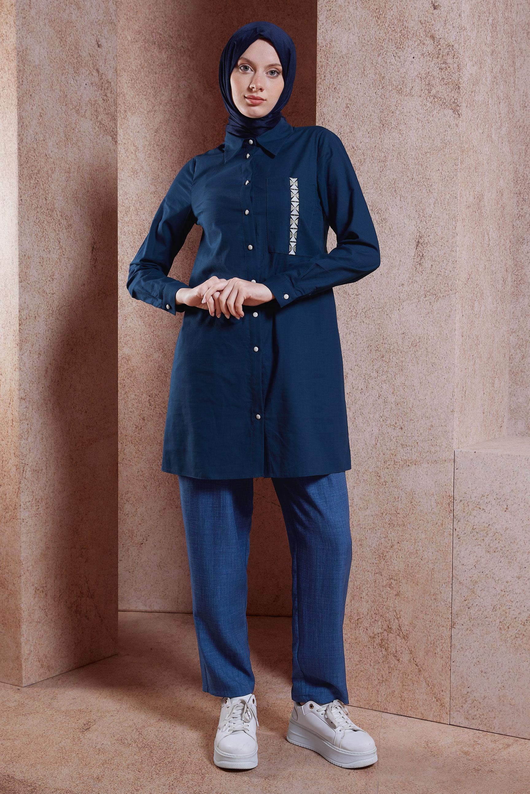 Vêtements hijab BLEU MARINE TUNIQUE MODESTE EN COTON 44487-1