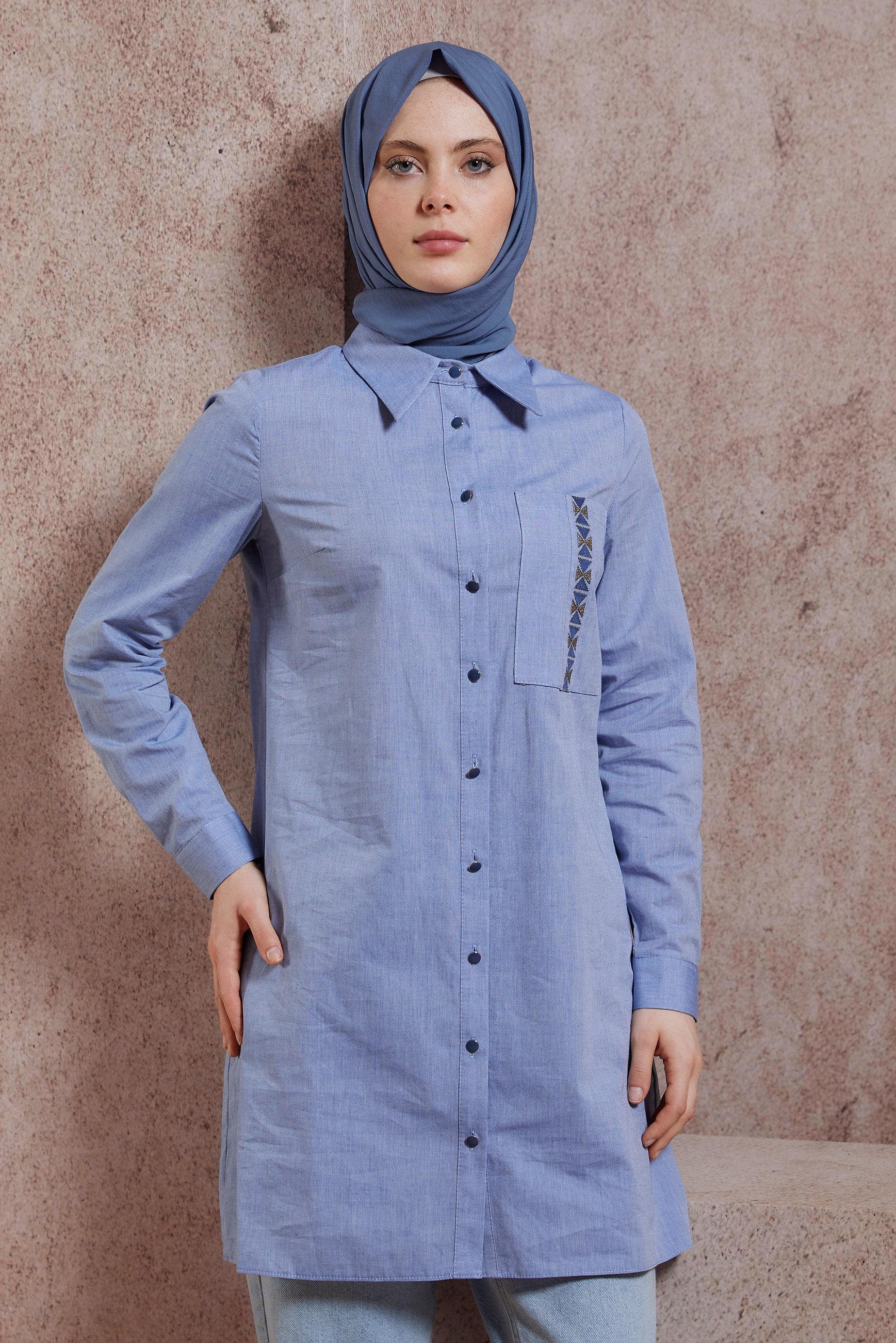 Tesettür giyim LACİVERT PAMUKLU GÖMLEK YAKA TUNİK 44487