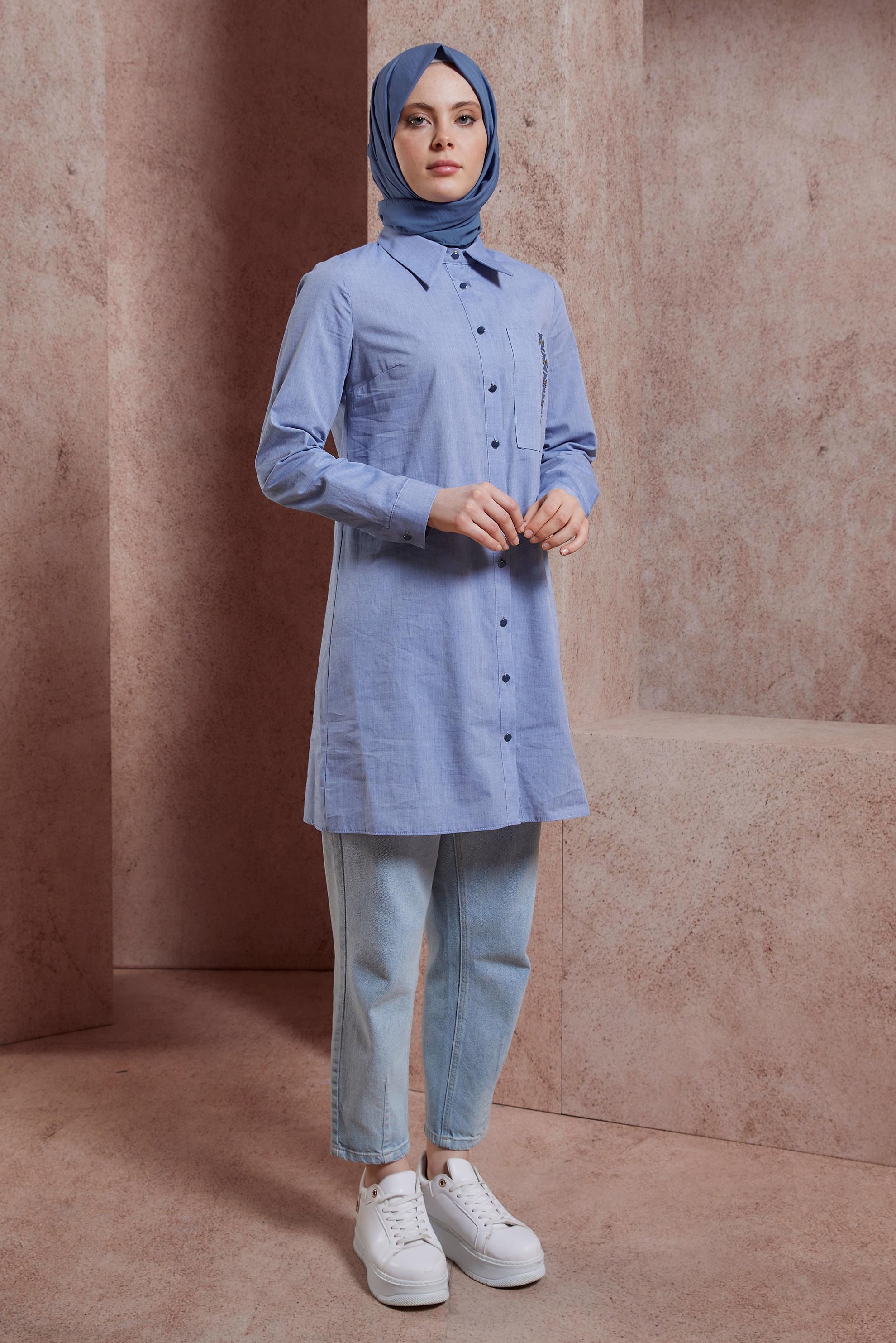 Tesettür giyim LACİVERT PAMUKLU GÖMLEK YAKA TUNİK 44487