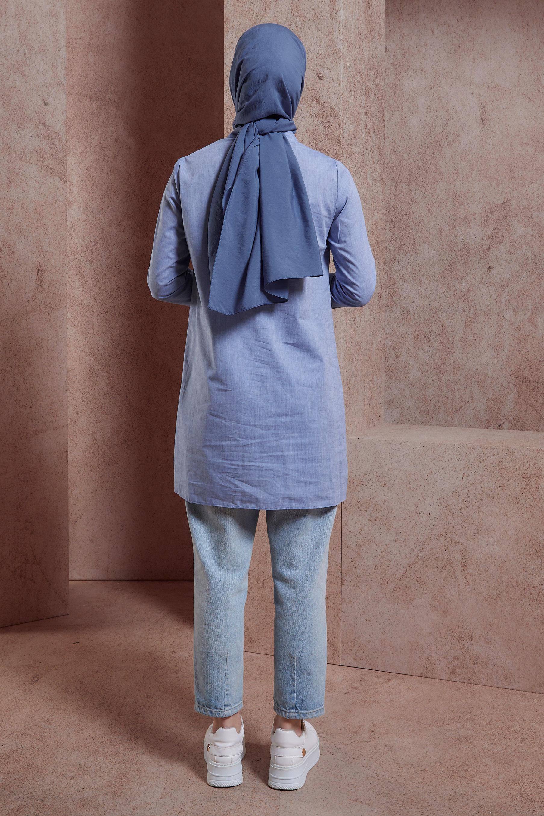 Tesettür giyim LACİVERT PAMUKLU GÖMLEK YAKA TUNİK 44487