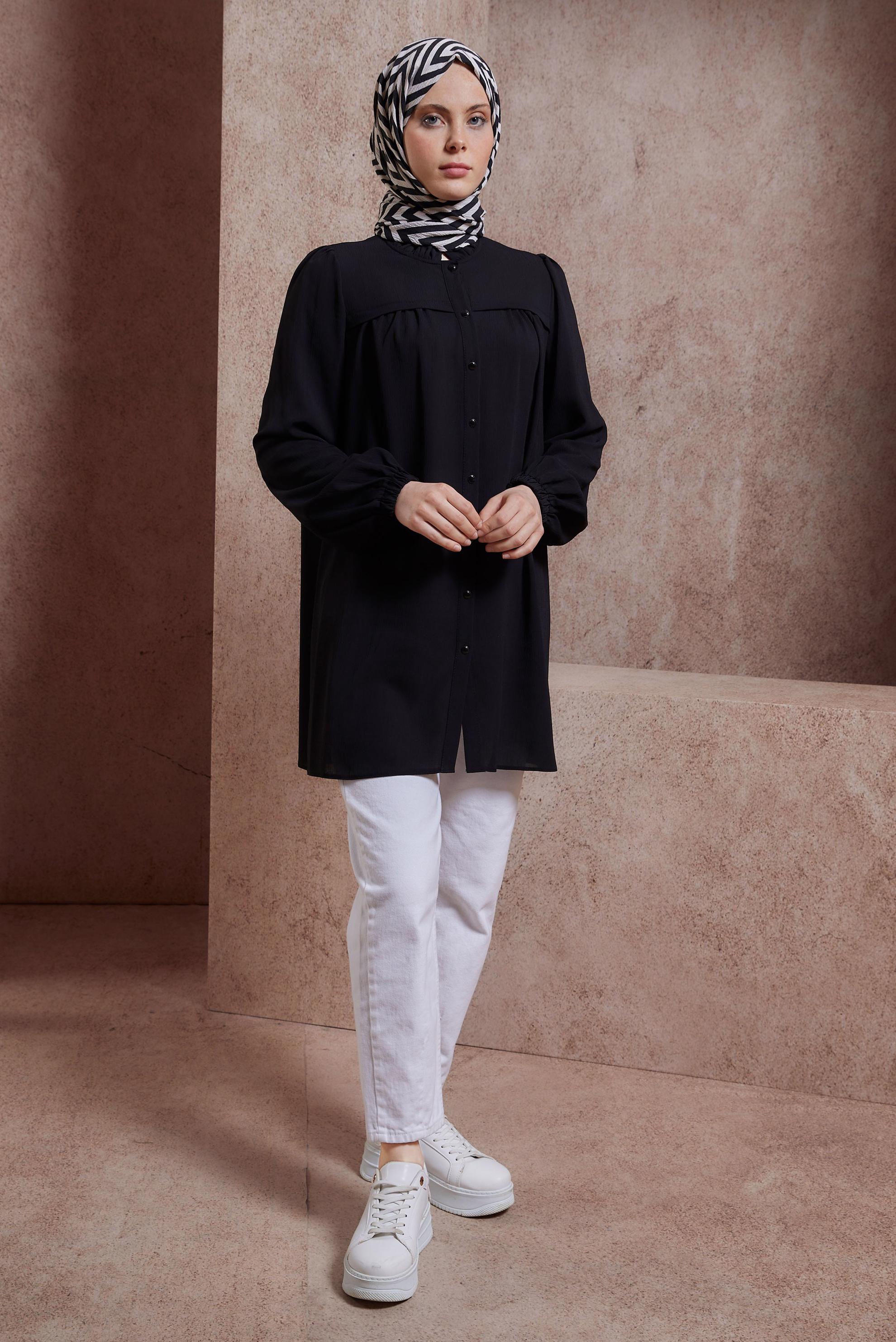 Tesettür giyim SİYAH FIRFIRLI YAKA TUNİK 44488