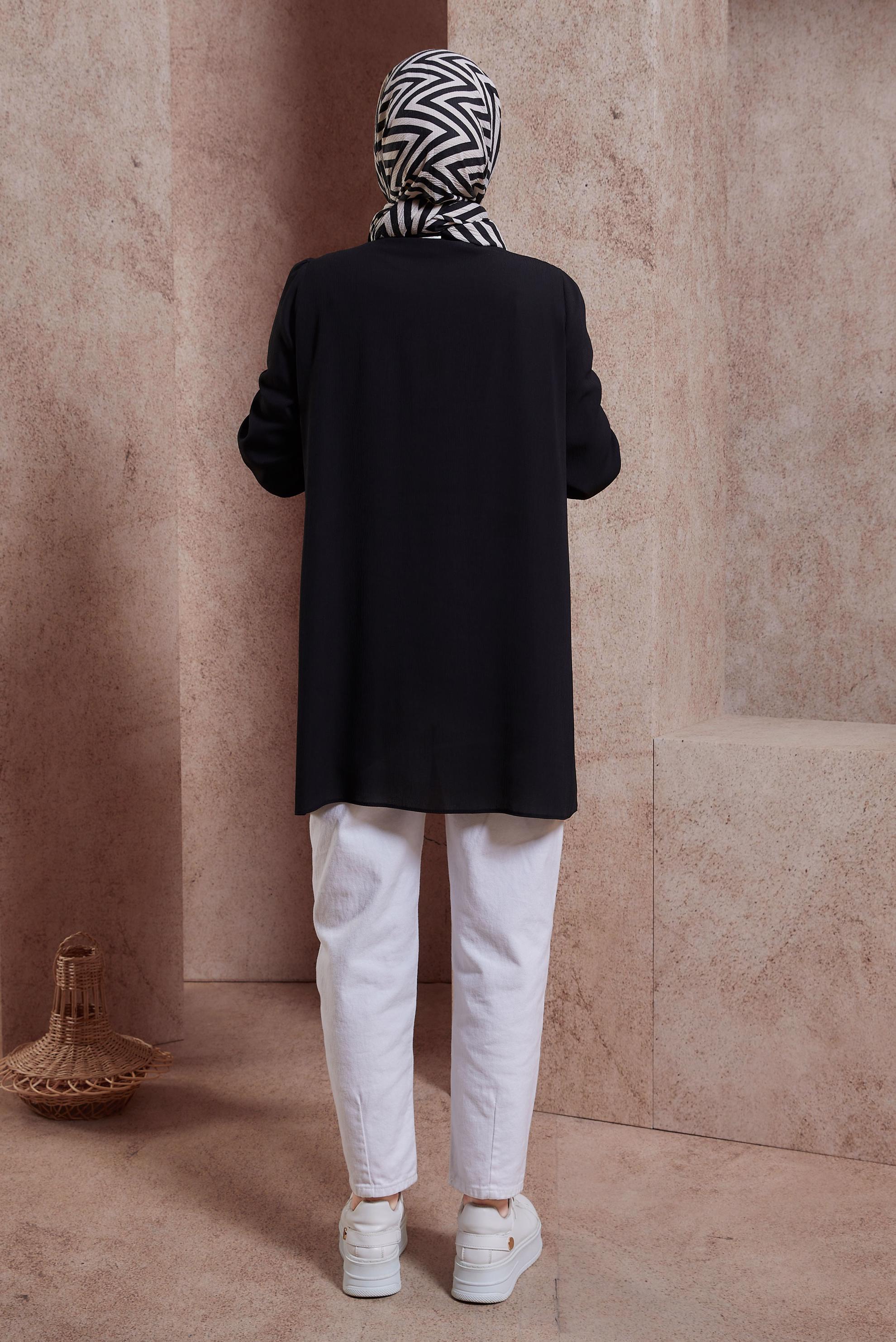 Tesettür giyim SİYAH FIRFIRLI YAKA TUNİK 44488