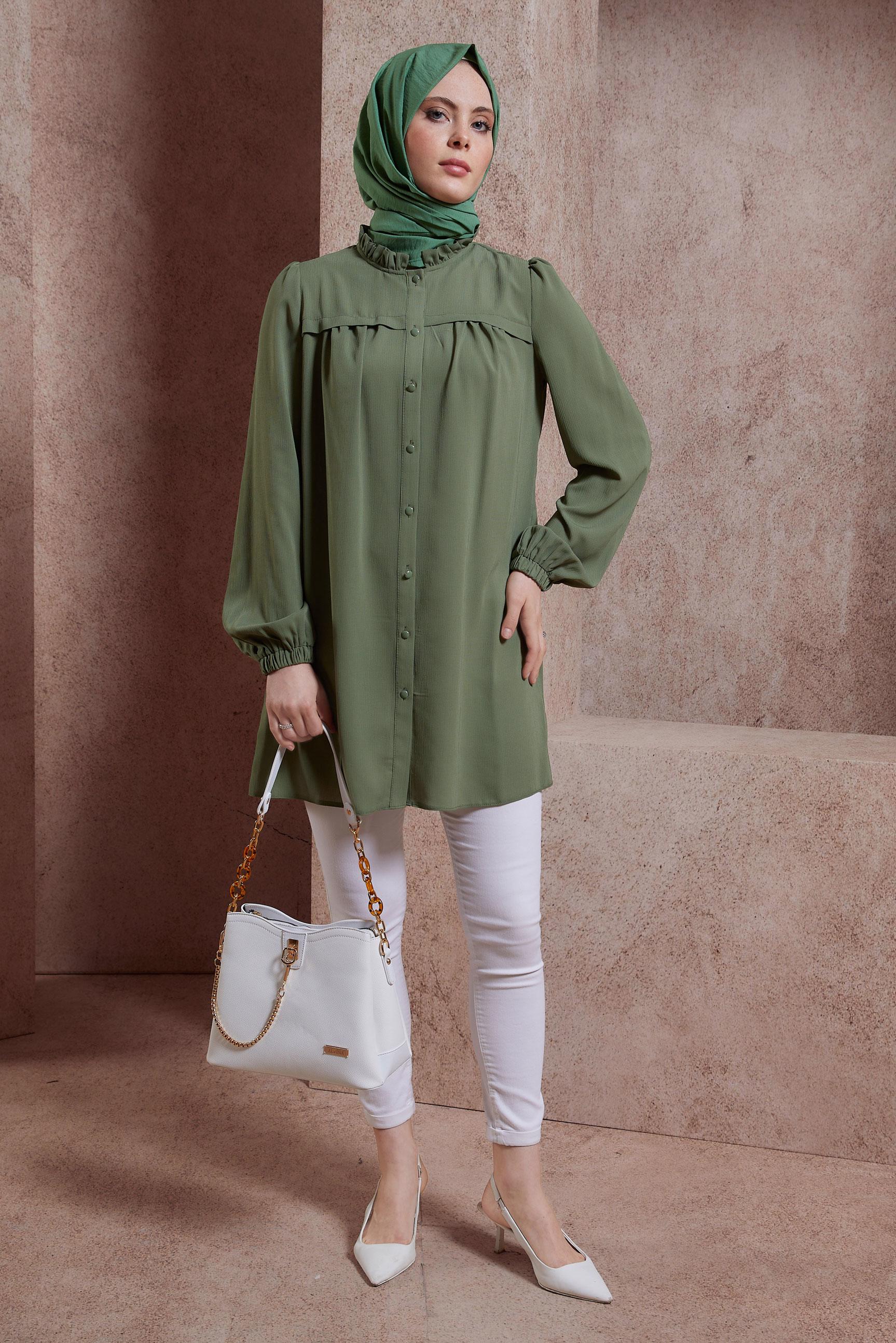 Tesettür giyim HAKİ FIRFIRLI YAKA TUNİK 44488