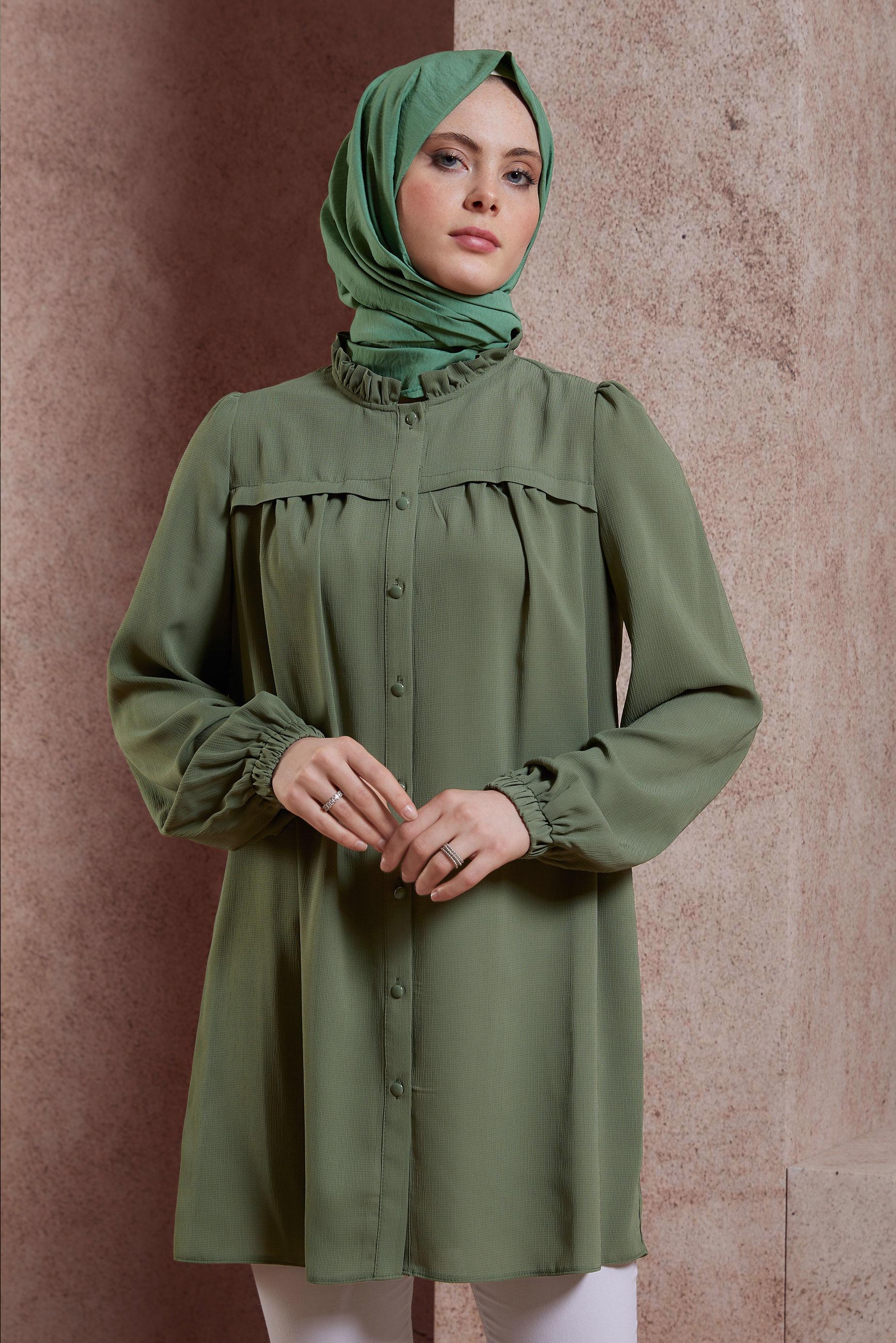 Tesettür giyim HAKİ FIRFIRLI YAKA TUNİK 44488