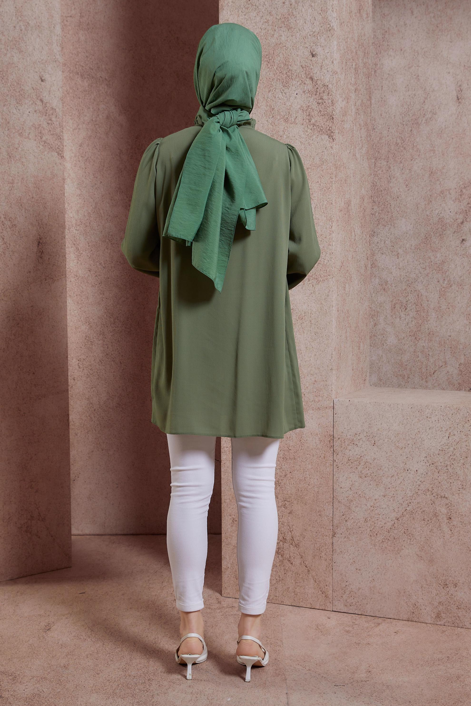 Tesettür giyim HAKİ FIRFIRLI YAKA TUNİK 44488