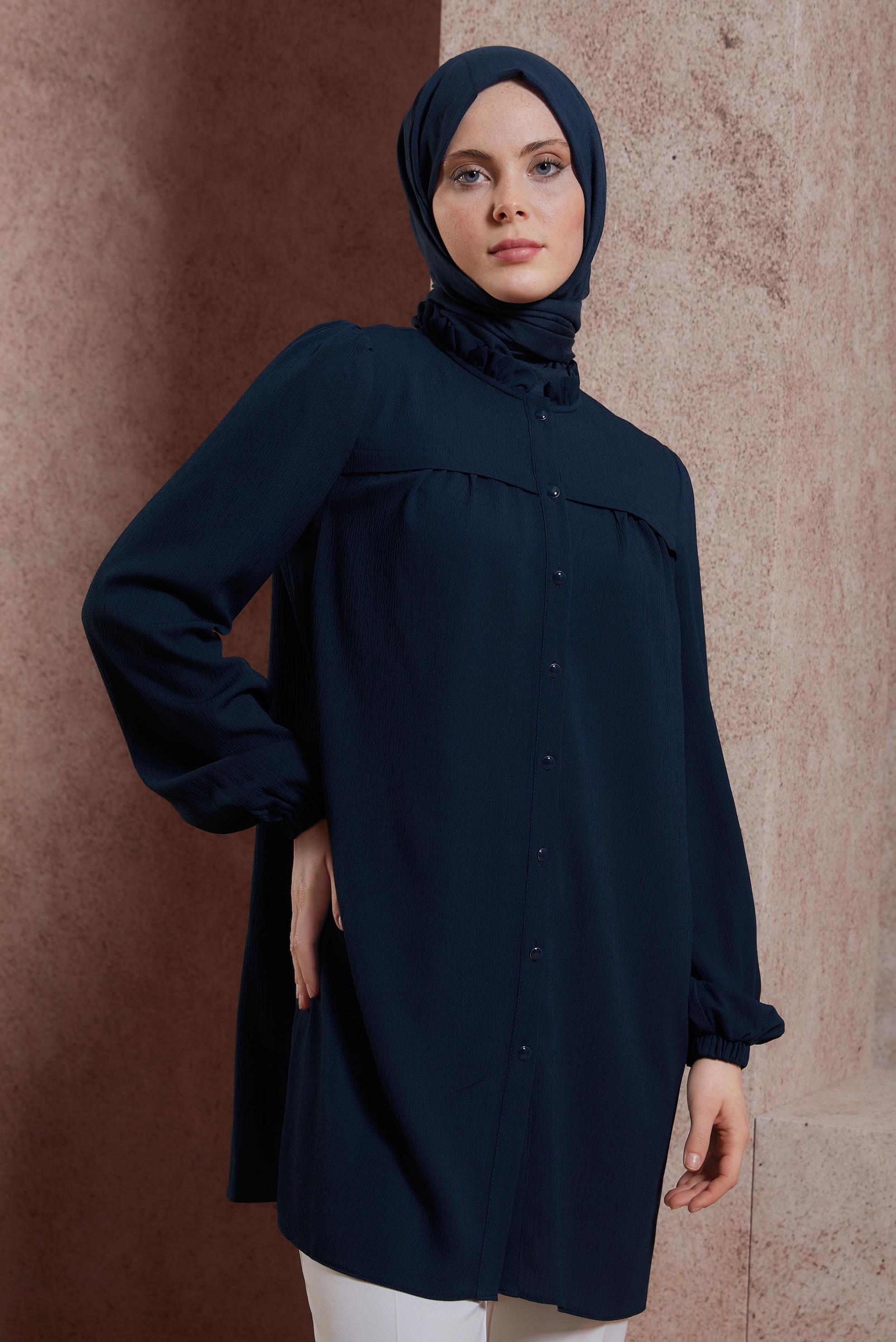 Tesettür giyim LACİVERT FIRFIRLI YAKA TUNİK 44488
