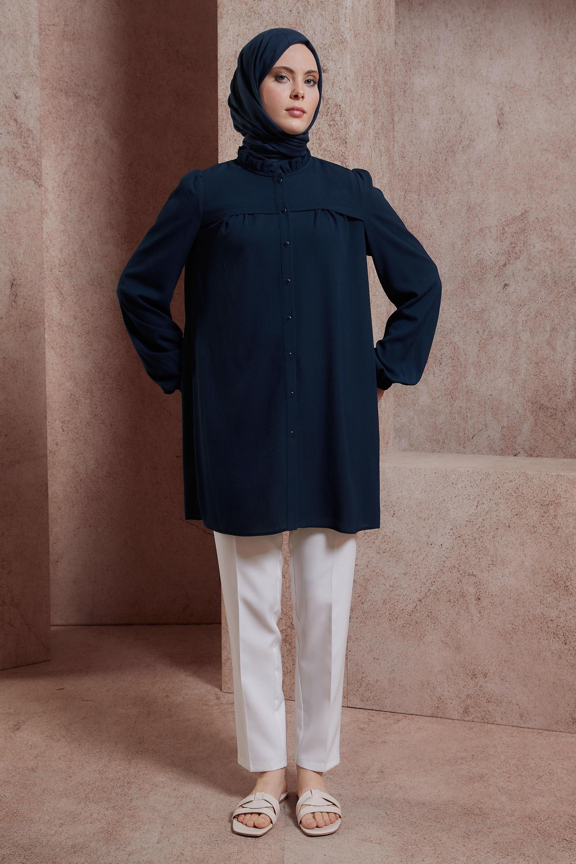 Tesettür giyim LACİVERT FIRFIRLI YAKA TUNİK 44488