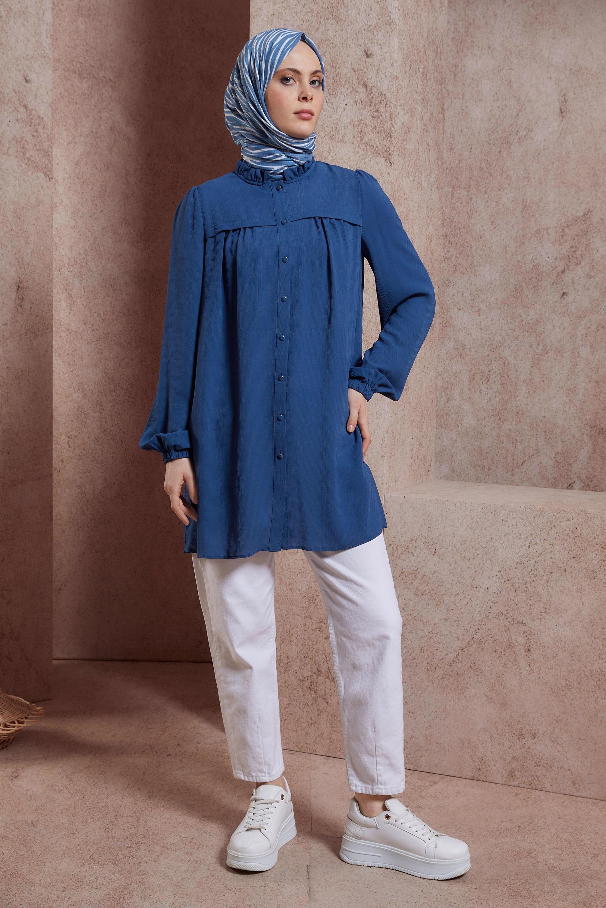 Tesettür giyim LACİVERT FIRFIRLI YAKA TUNİK 44488