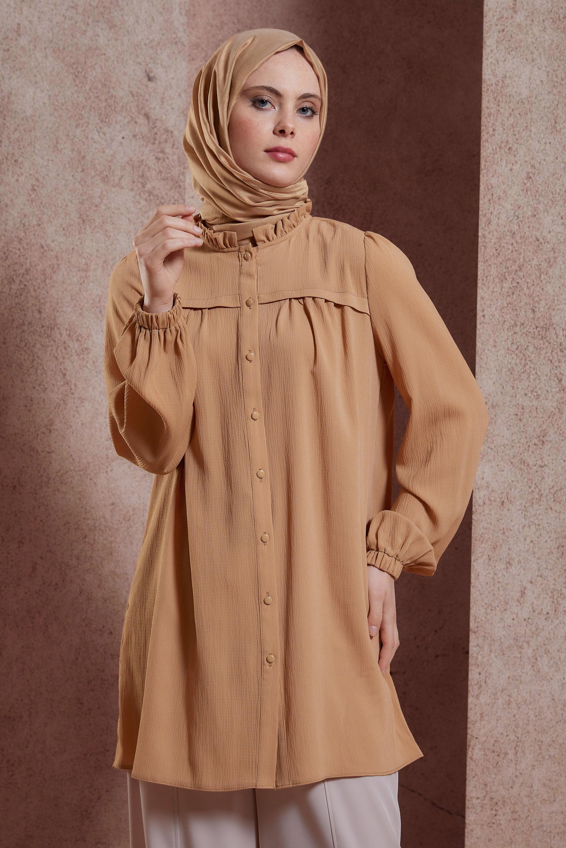 Tesettür giyim TABA FIRFIRLI YAKA TUNİK 44488