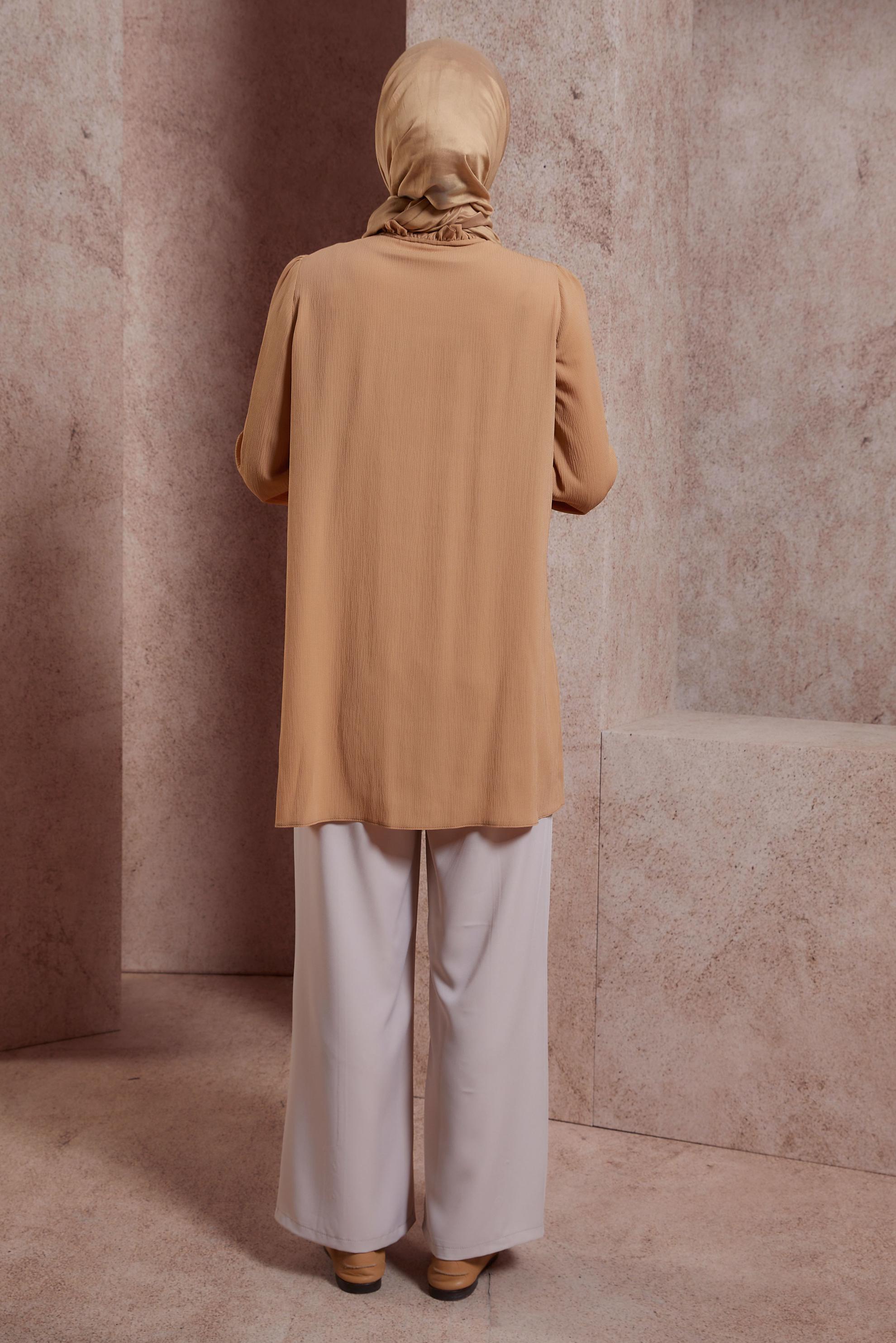 Tesettür giyim TABA FIRFIRLI YAKA TUNİK 44488