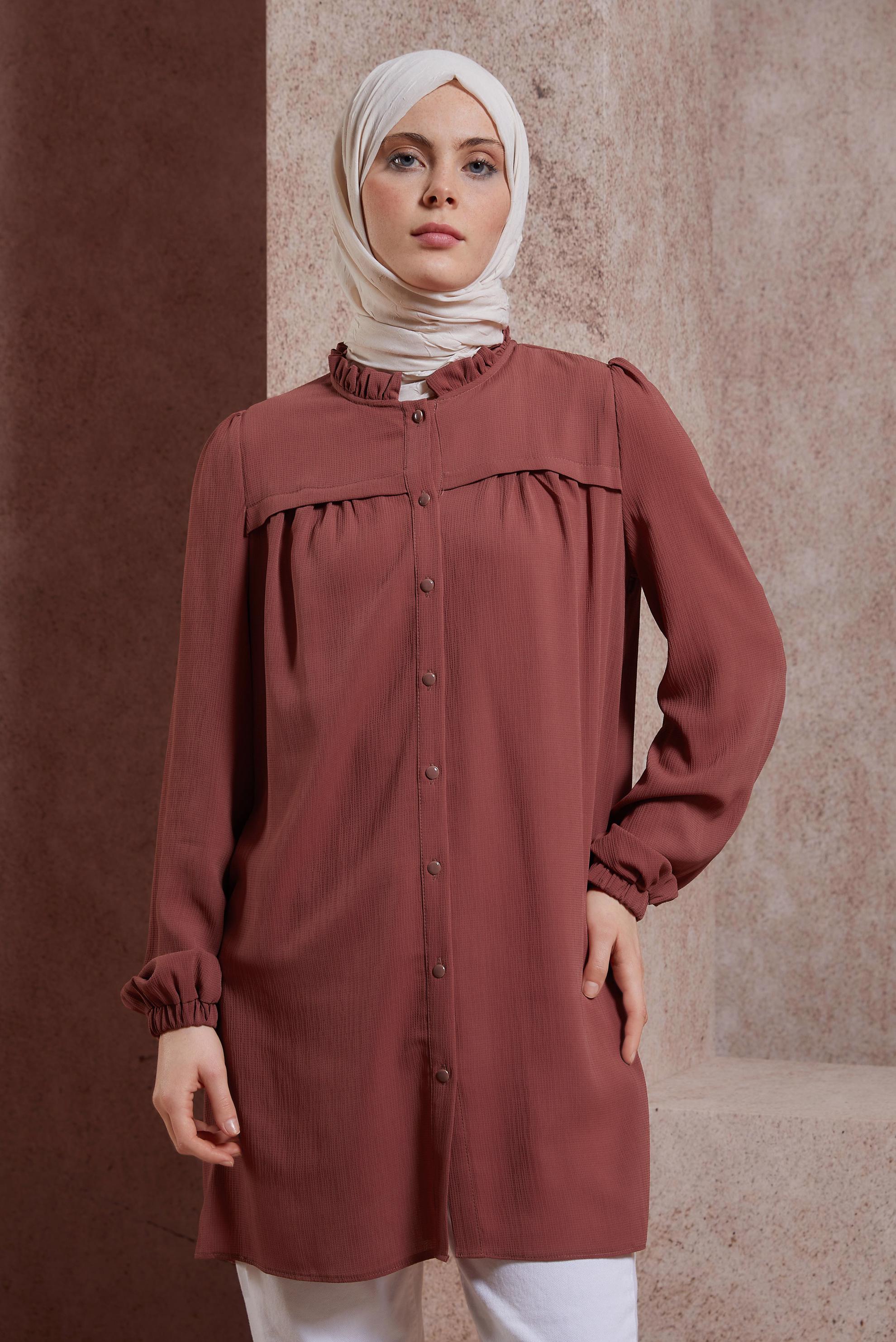 Tesettür giyim KAHVE FIRFIRLI YAKA TUNİK 44488