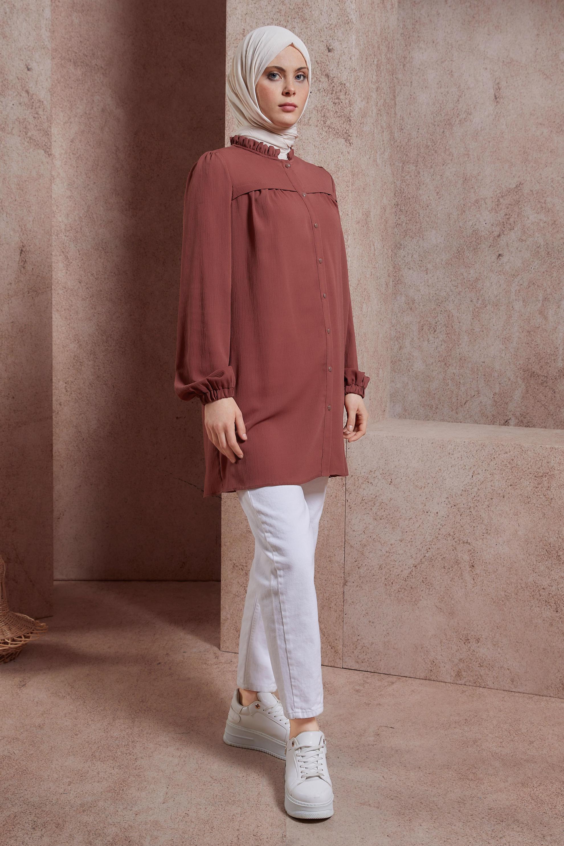 Tesettür giyim KAHVE FIRFIRLI YAKA TUNİK 44488