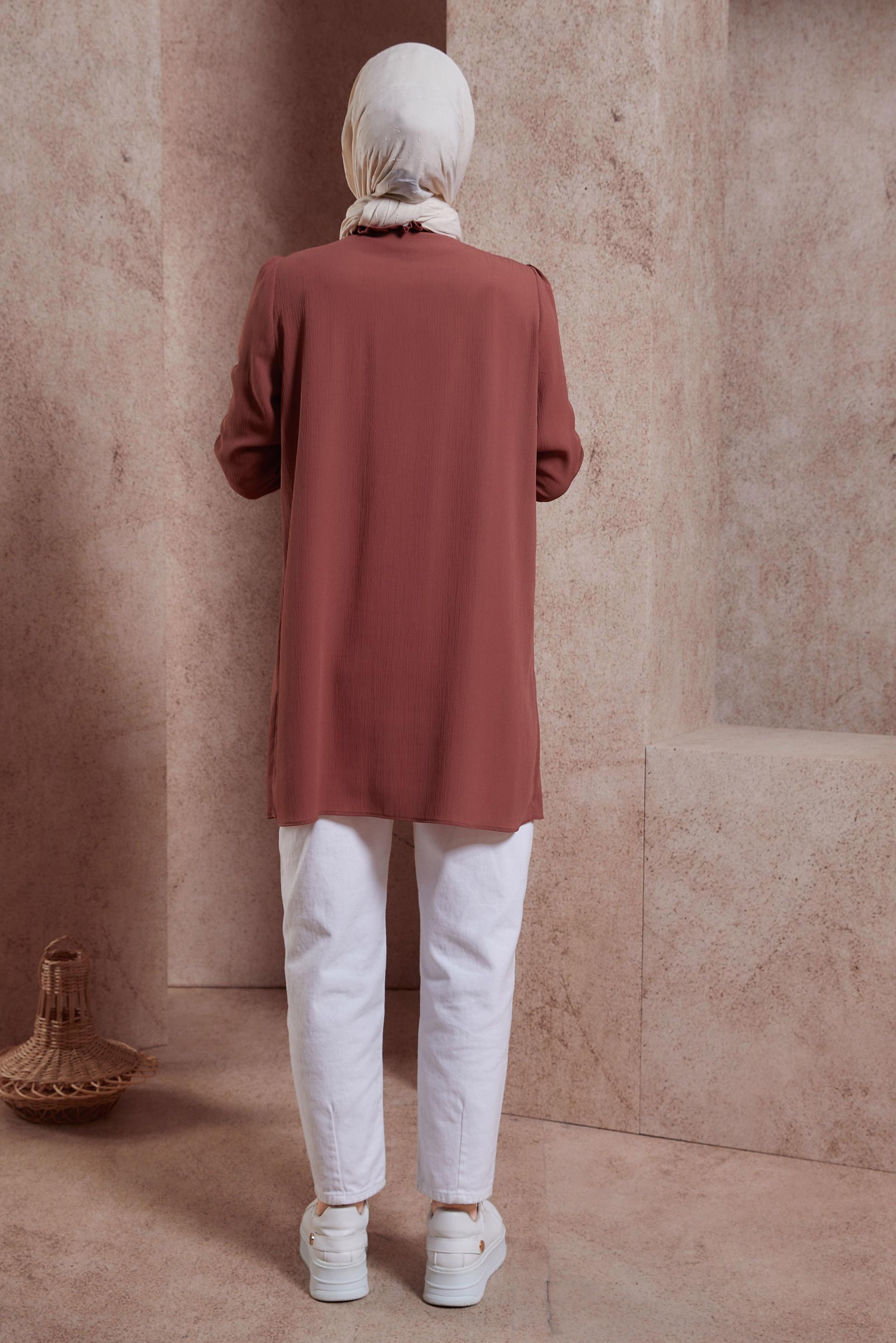 Tesettür giyim KAHVE FIRFIRLI YAKA TUNİK 44488