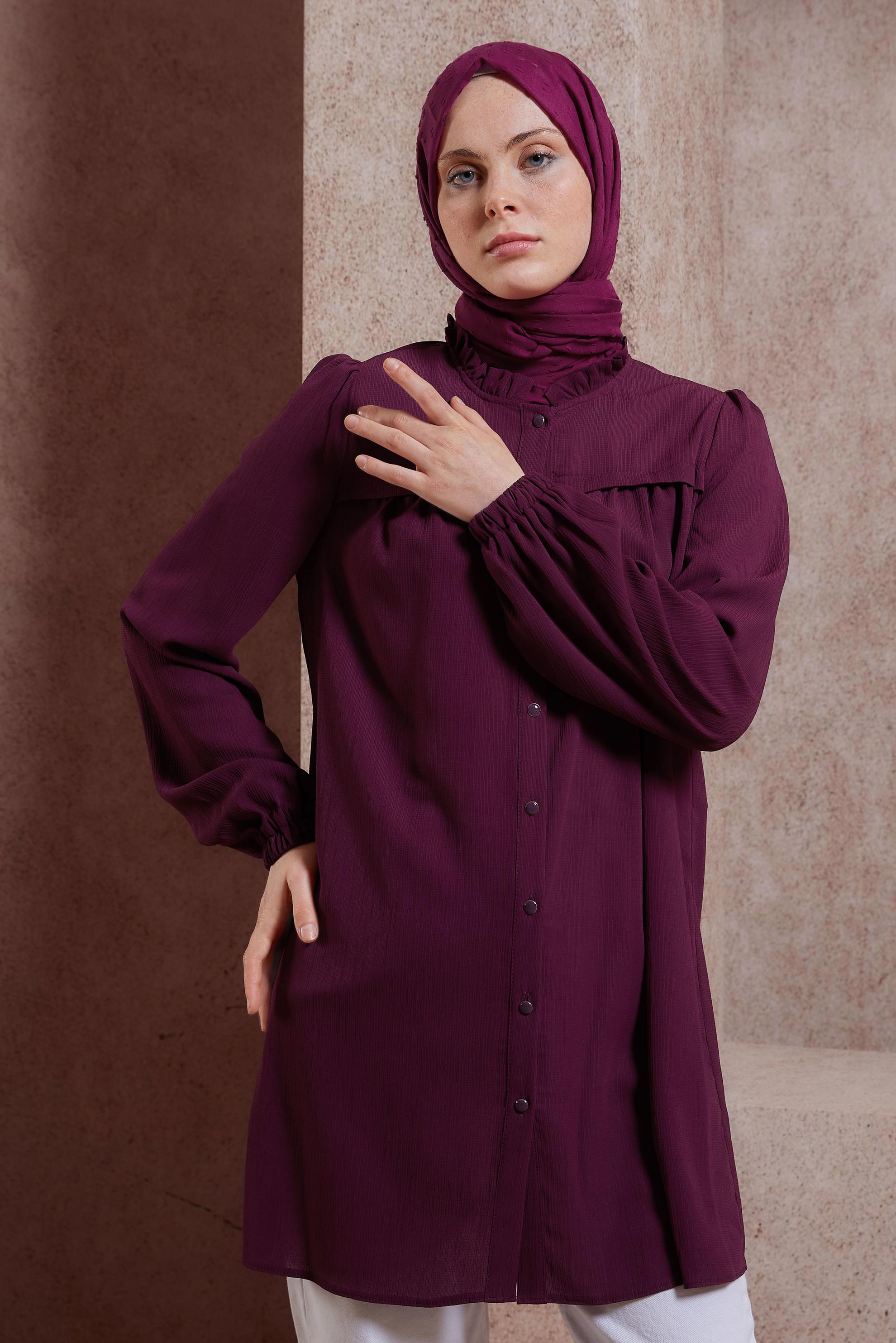 Tesettür giyim MOR FIRFIRLI YAKA TUNİK 44488
