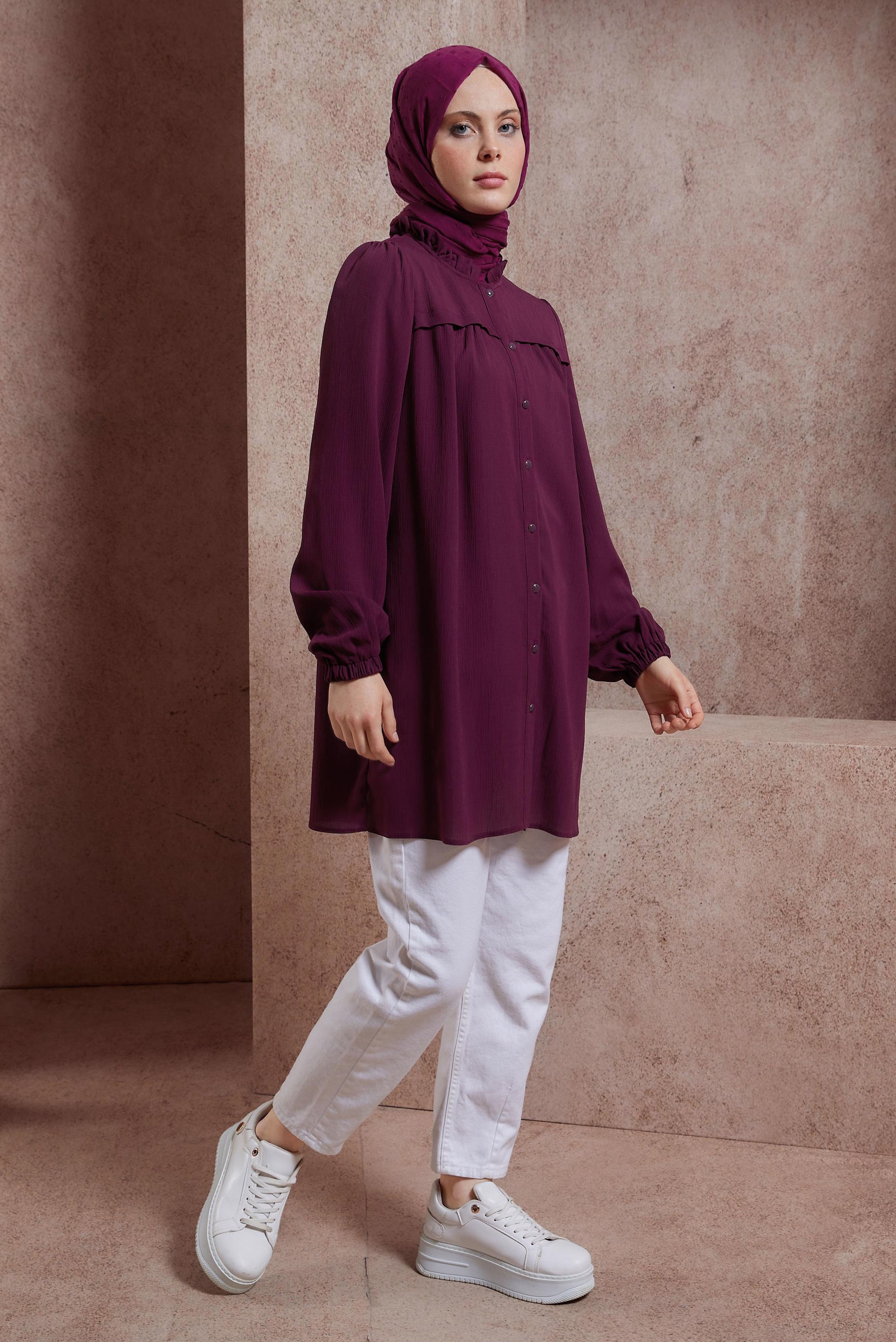 Tesettür giyim MOR FIRFIRLI YAKA TUNİK 44488