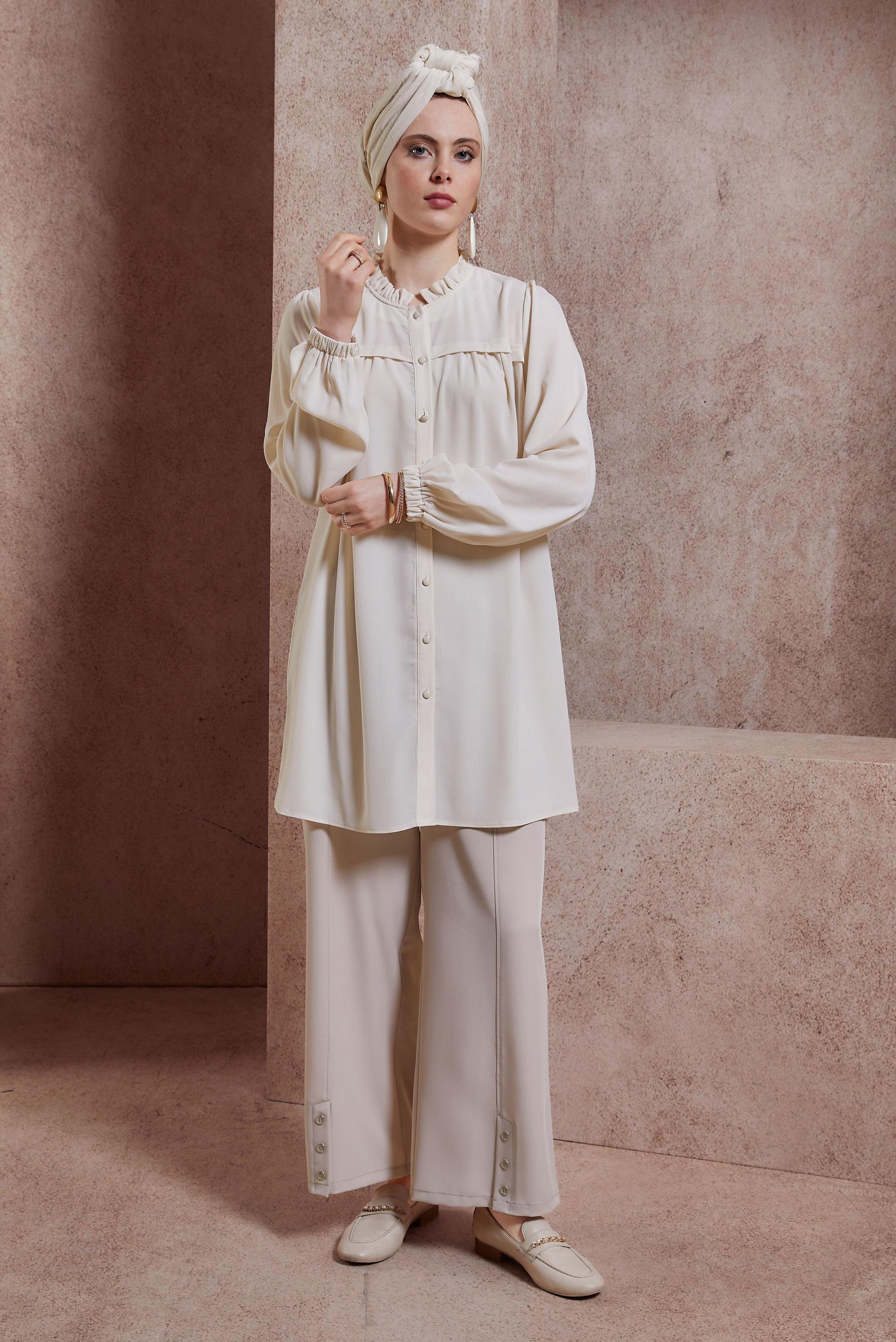 Tesettür giyim EKRU FIRFIRLI YAKA TUNİK 44488