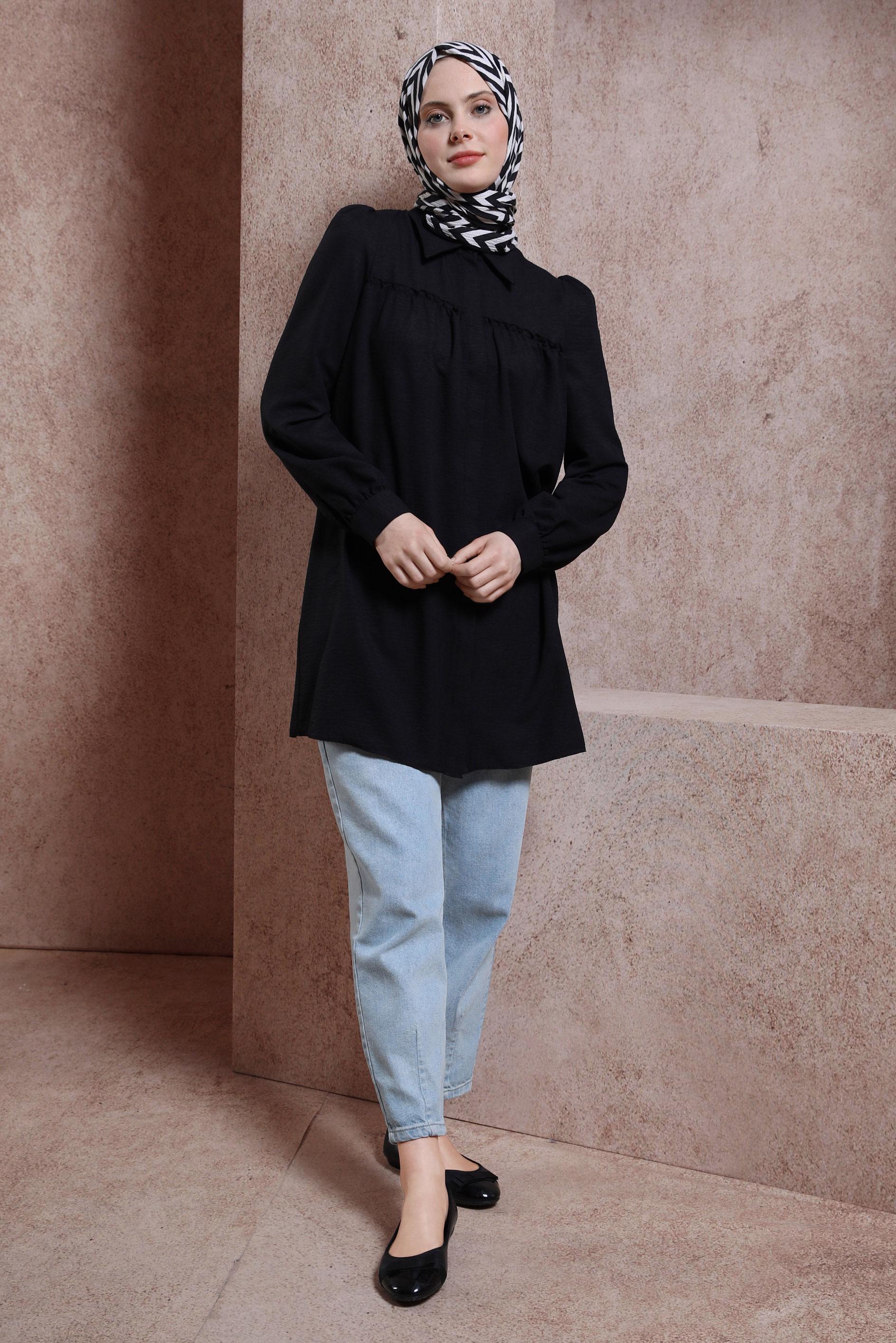 Tesettür giyim SİYAH GÖMLEK YAKA TUNİK 44489