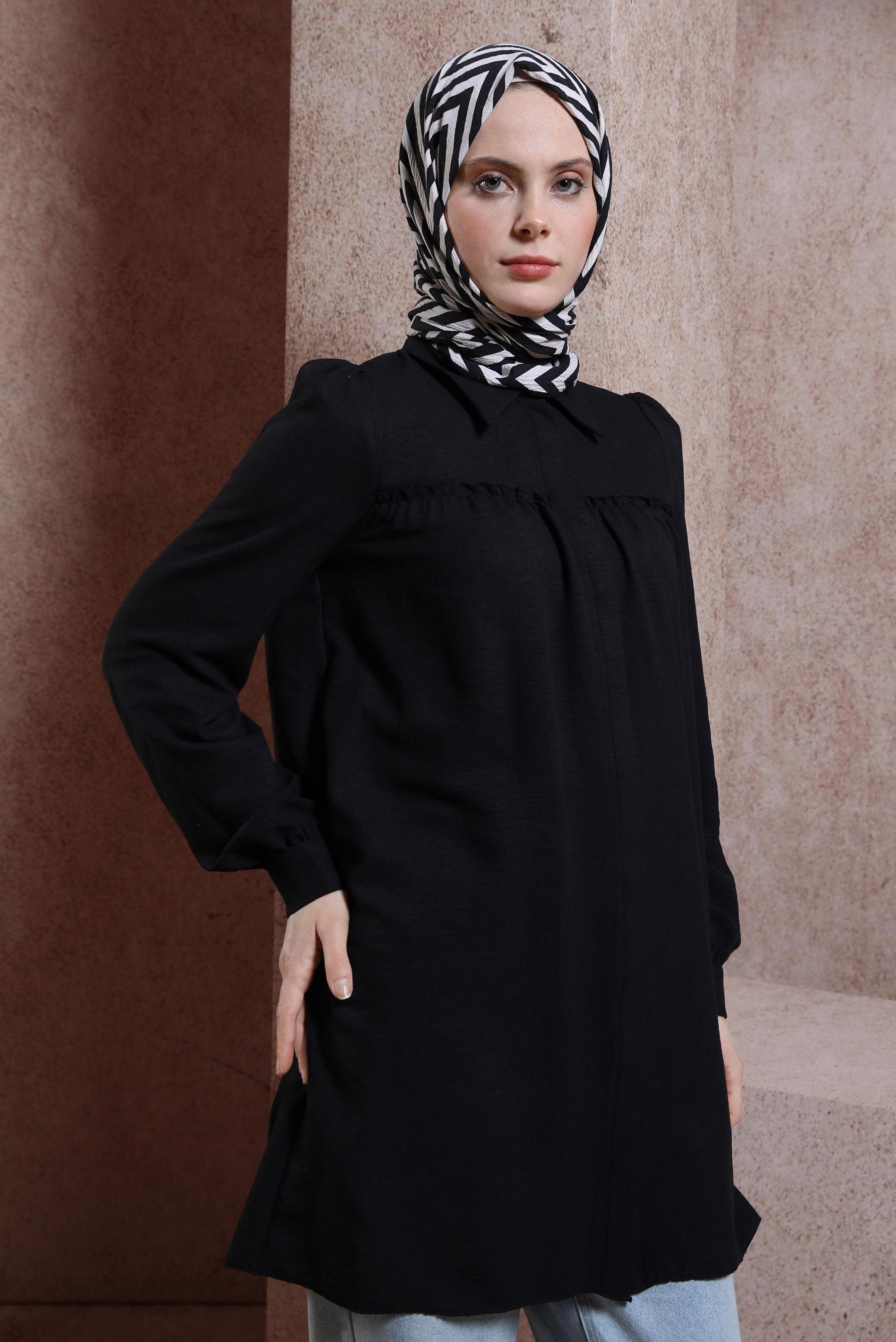 Tesettür giyim SİYAH GÖMLEK YAKA TUNİK 44489