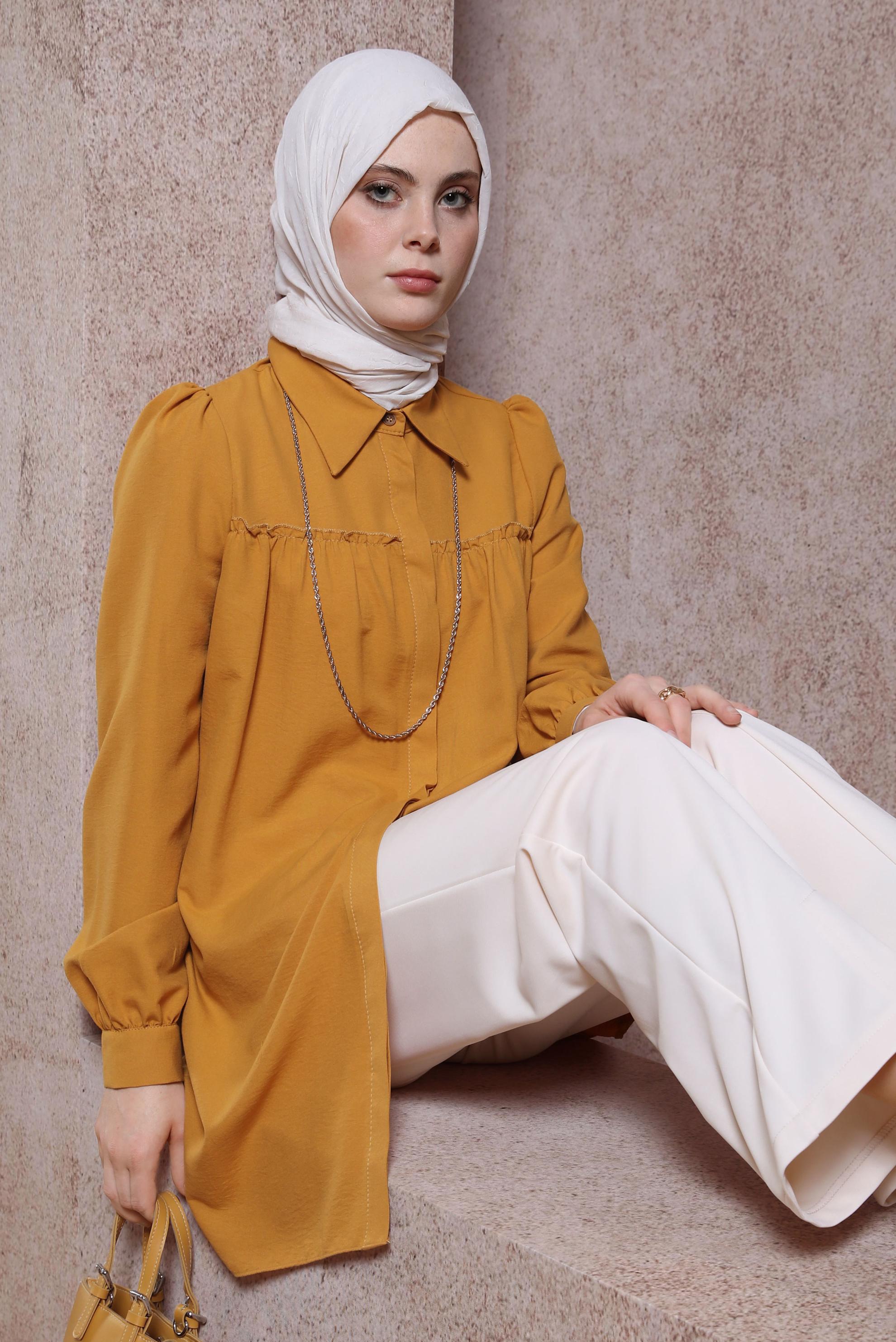 Tesettür giyim SARI GÖMLEK YAKA TUNİK 44489