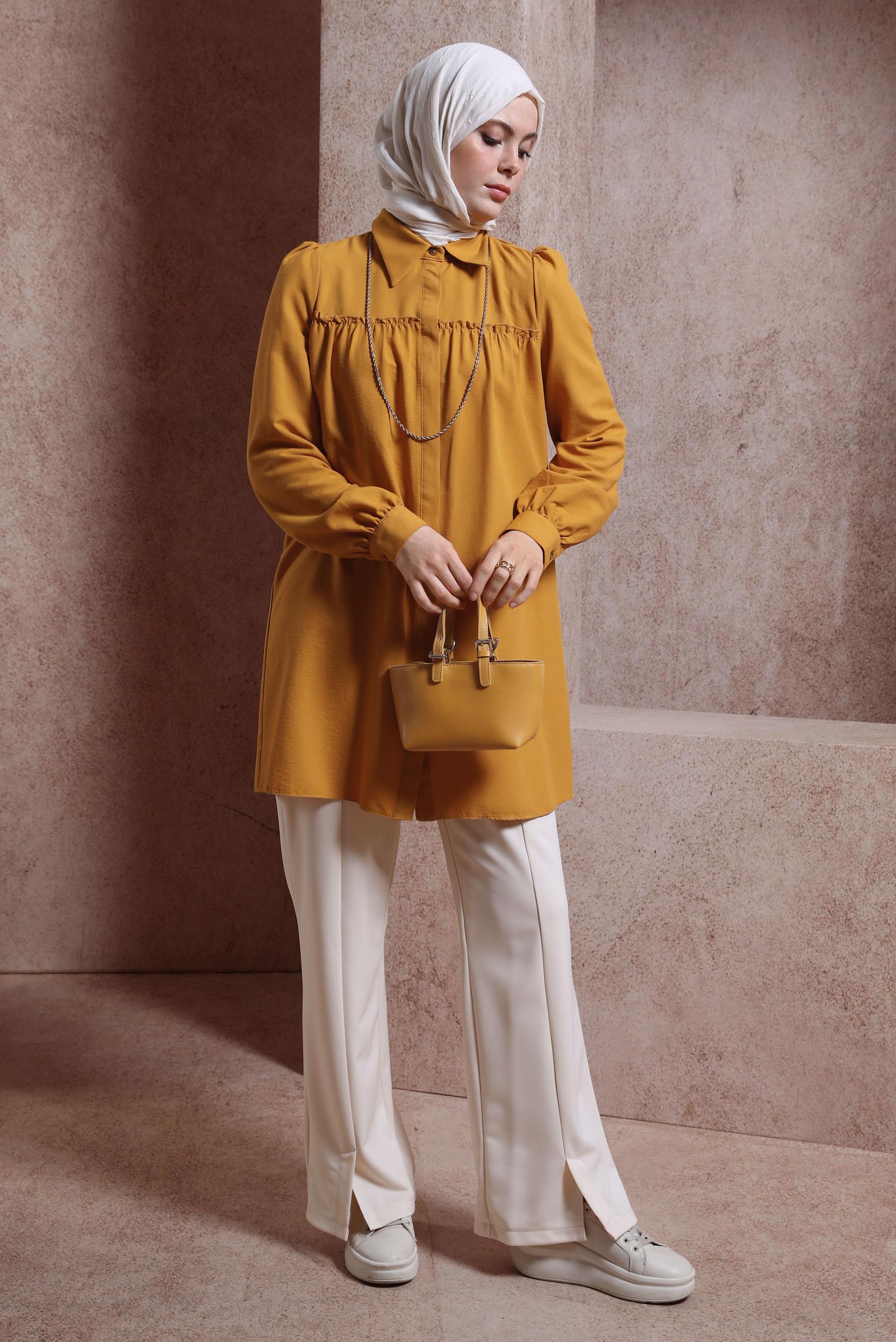 Tesettür giyim SARI GÖMLEK YAKA TUNİK 44489