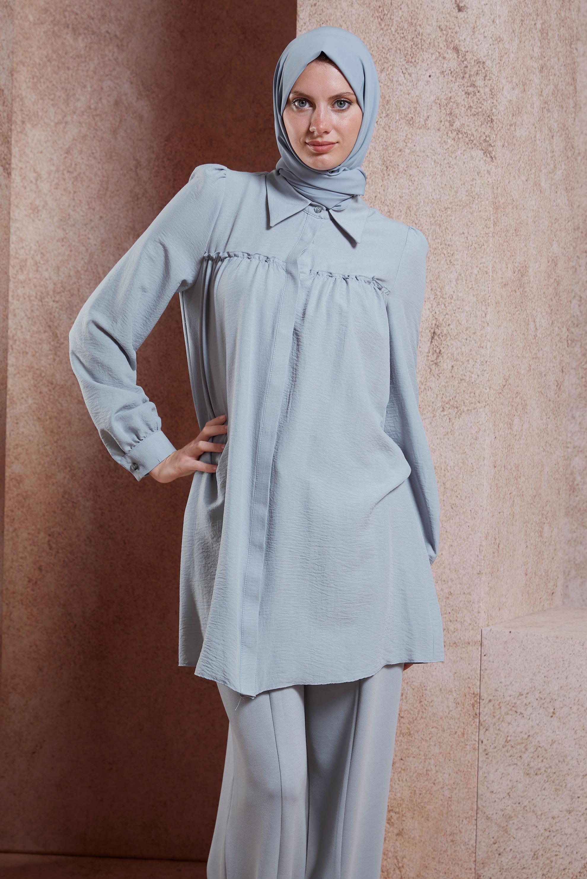 Tesettür giyim GRİ GÖMLEK YAKA TUNİK 44489