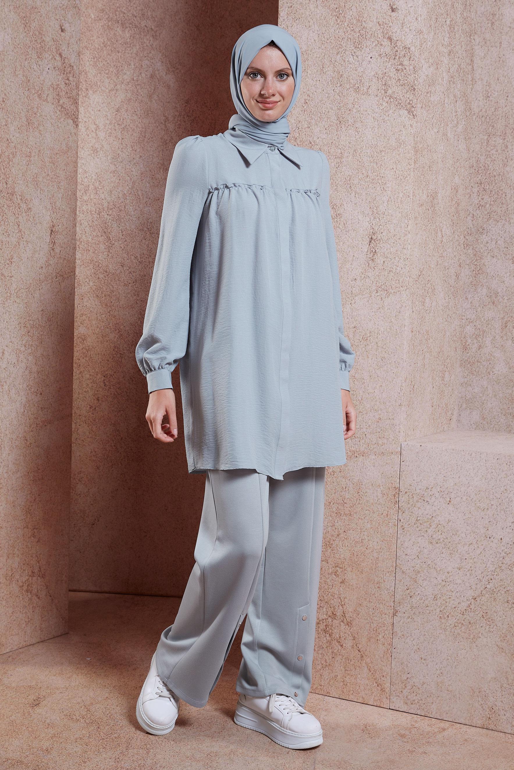 Tesettür giyim GRİ GÖMLEK YAKA TUNİK 44489