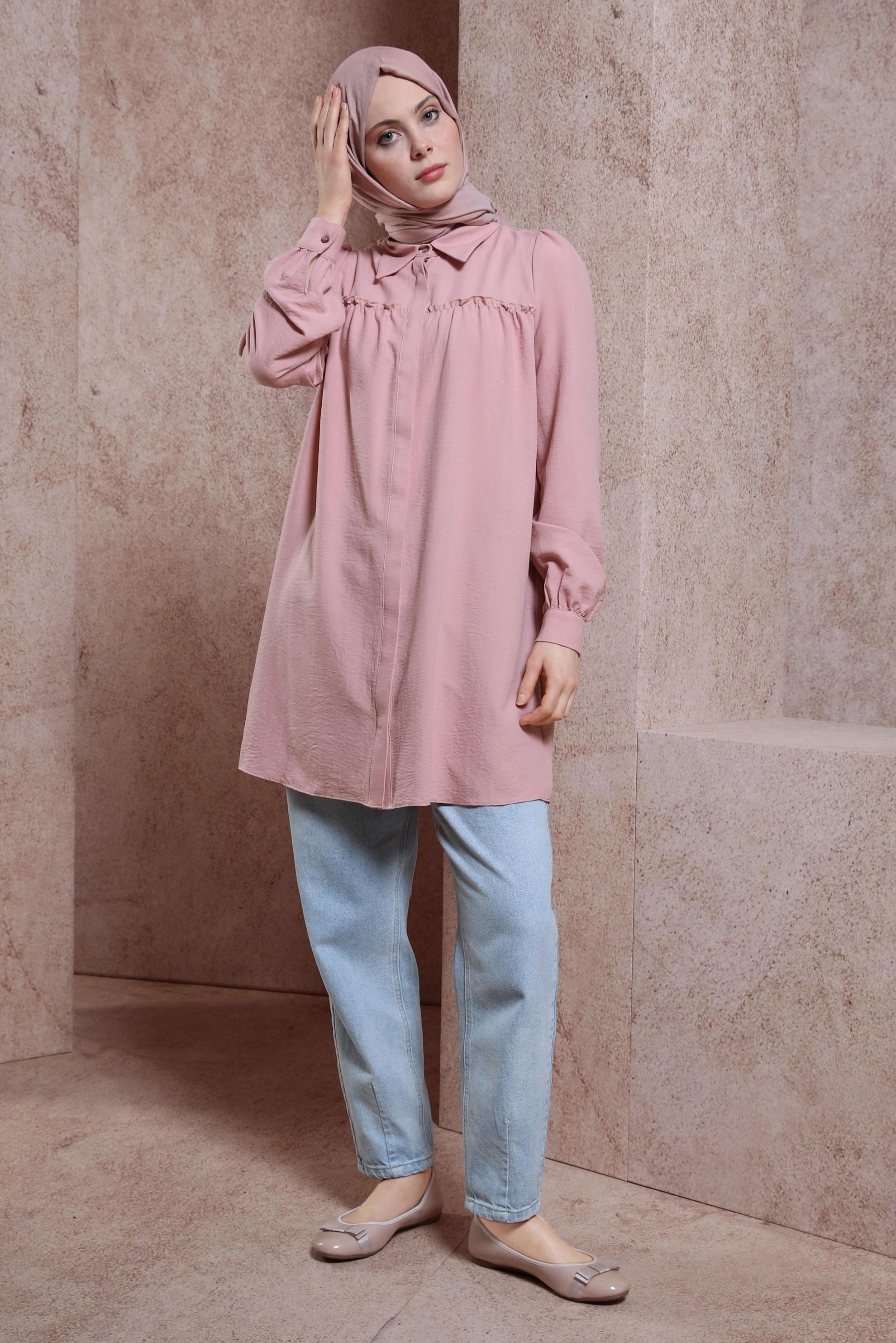 Tesettür giyim PUDRA GÖMLEK YAKA TUNİK 44489