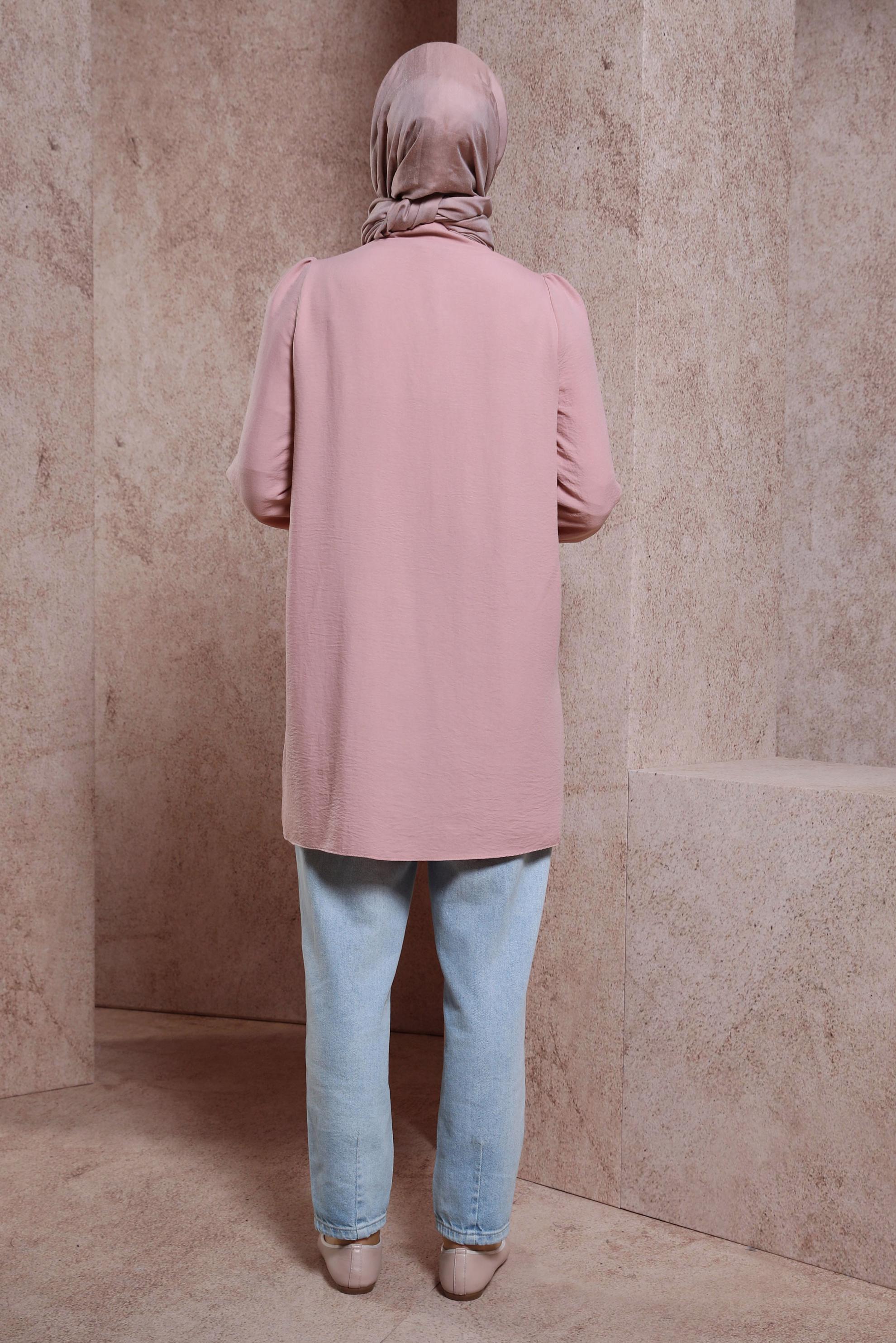 Tesettür giyim PUDRA GÖMLEK YAKA TUNİK 44489