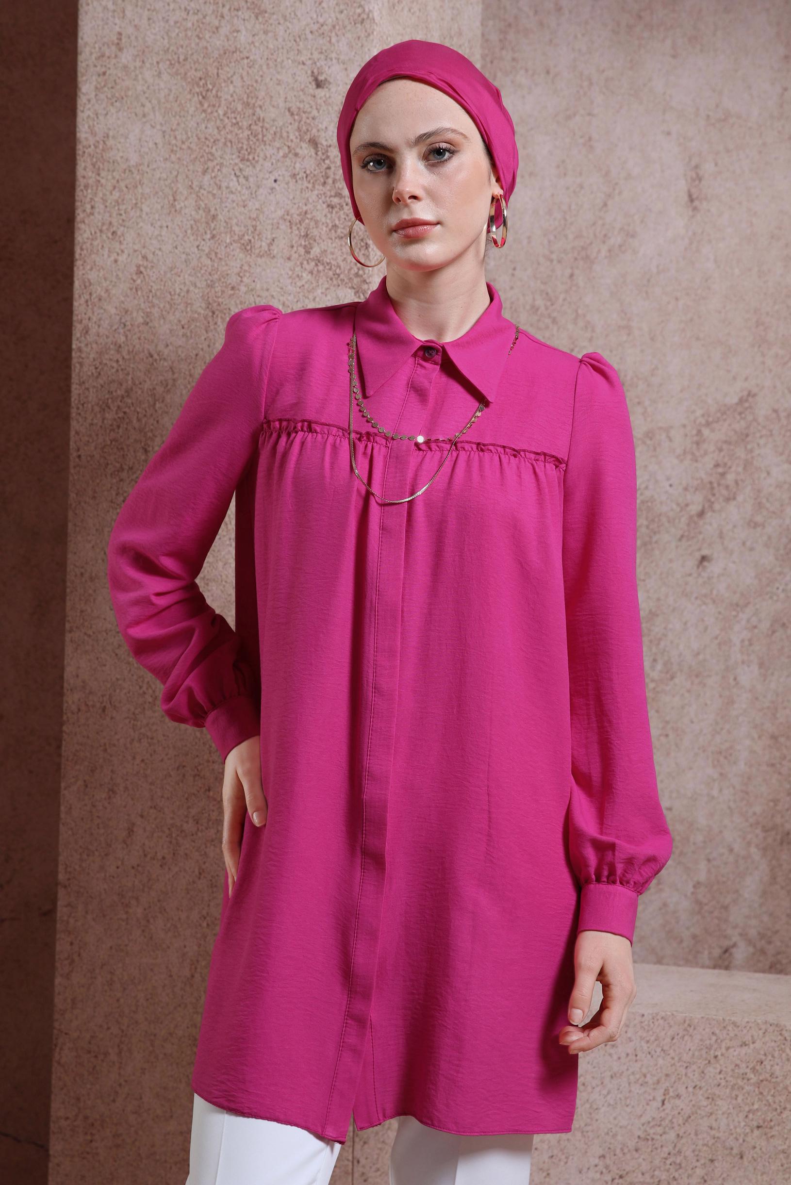 Tesettür giyim FUŞYA GÖMLEK YAKA TUNİK 44489