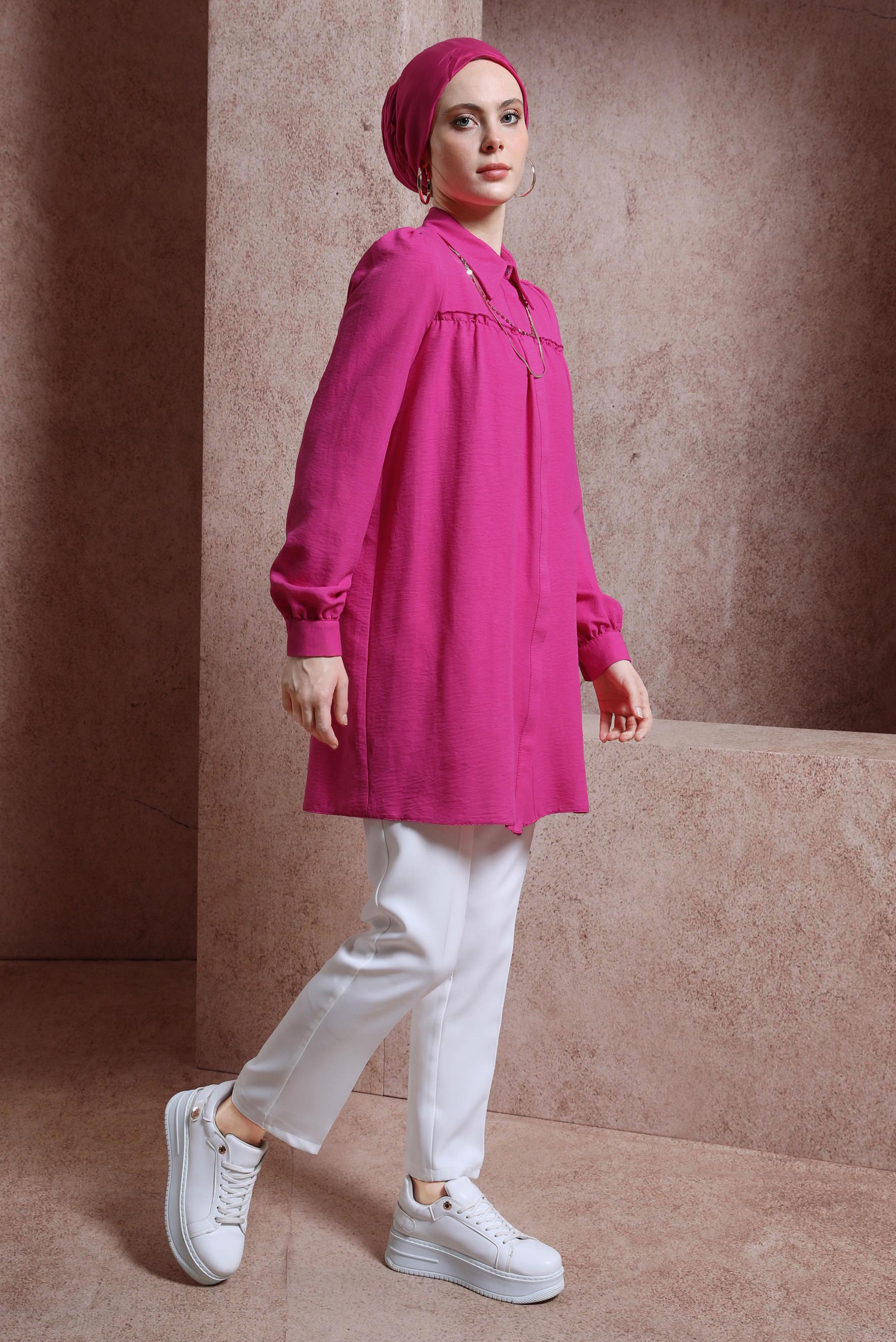 Tesettür giyim FUŞYA GÖMLEK YAKA TUNİK 44489