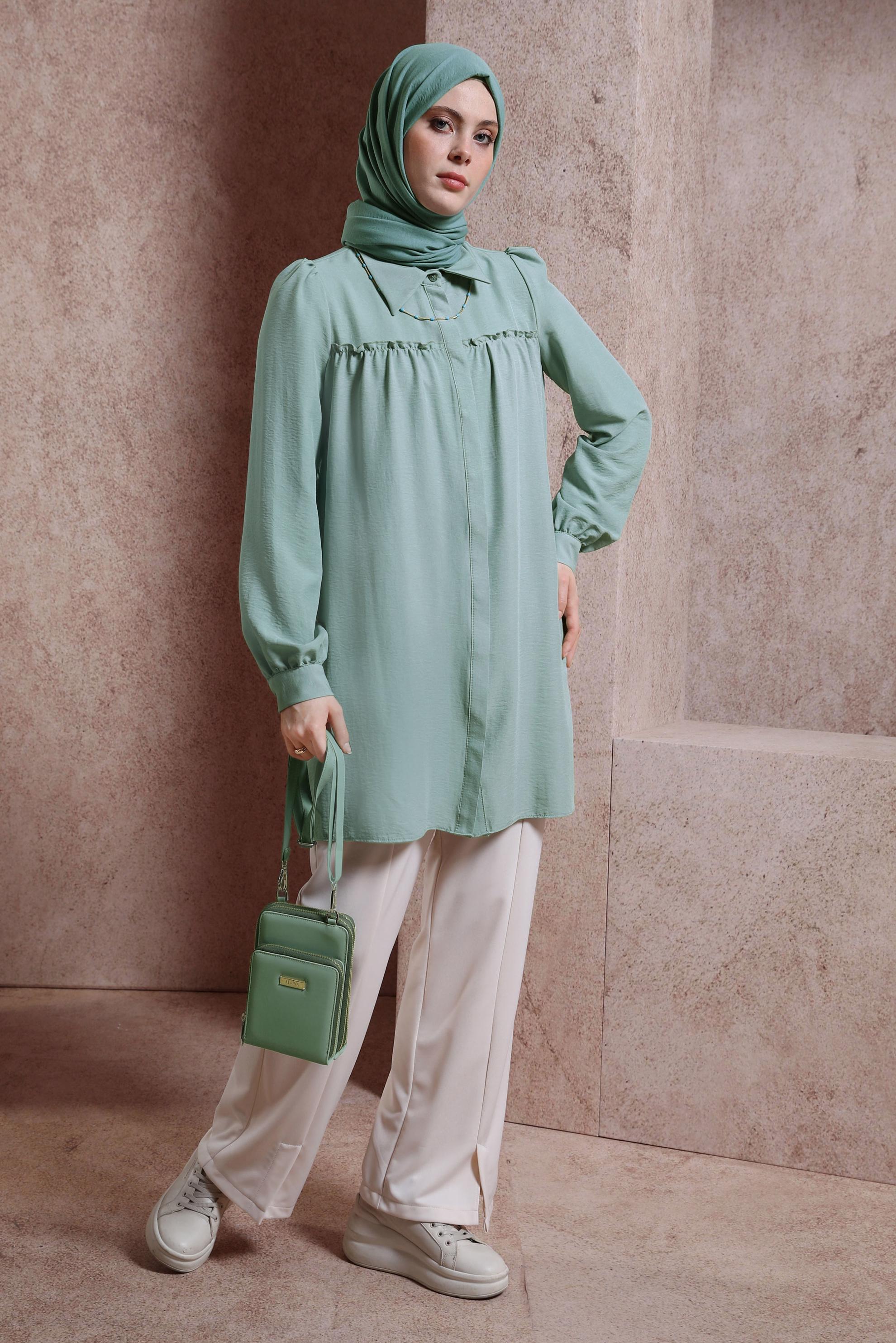 Tesettür giyim MAVİ GÖMLEK YAKA TUNİK 44489