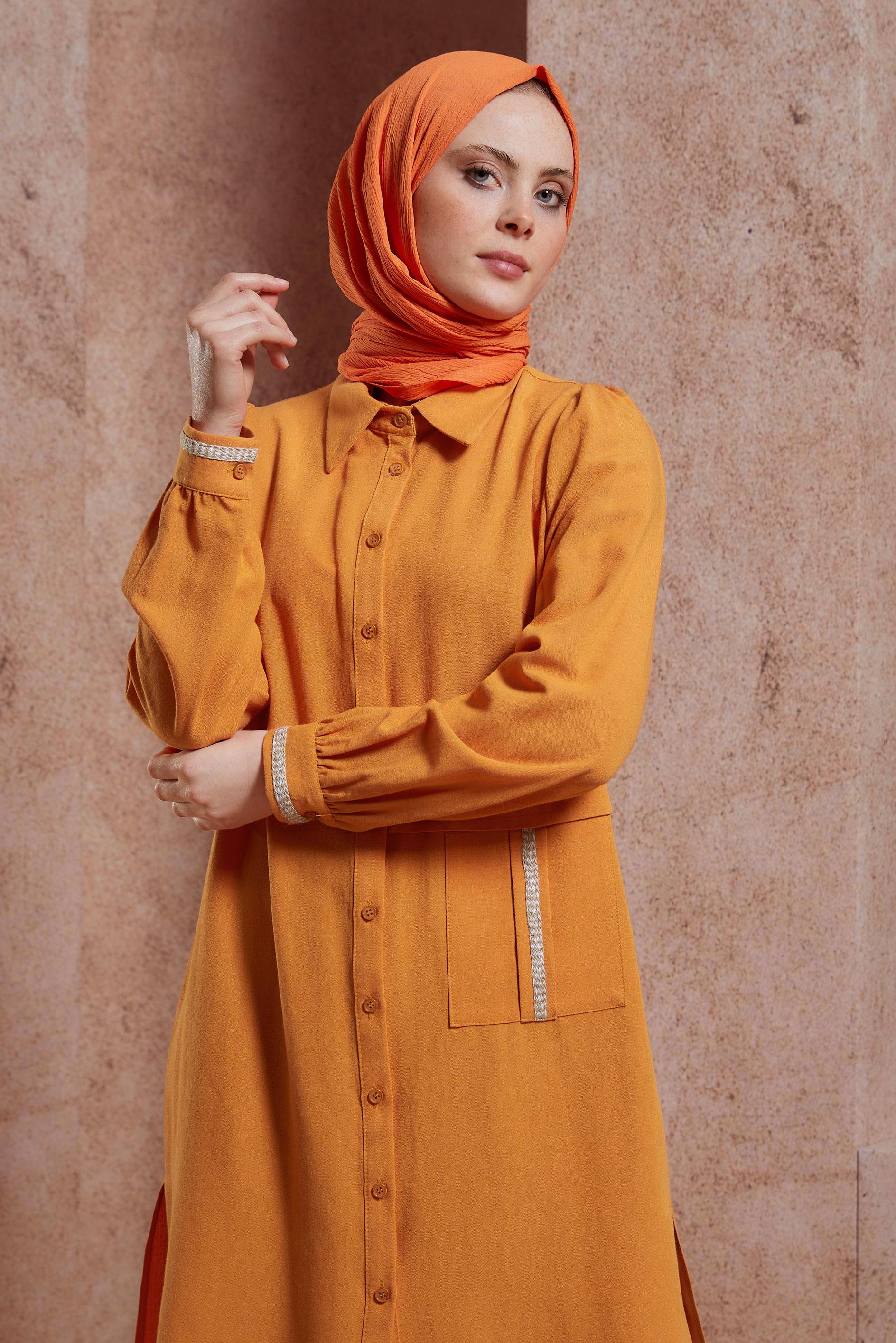 Tesettür giyim TURUNCU KETEN DOKULU TUNİK 44490