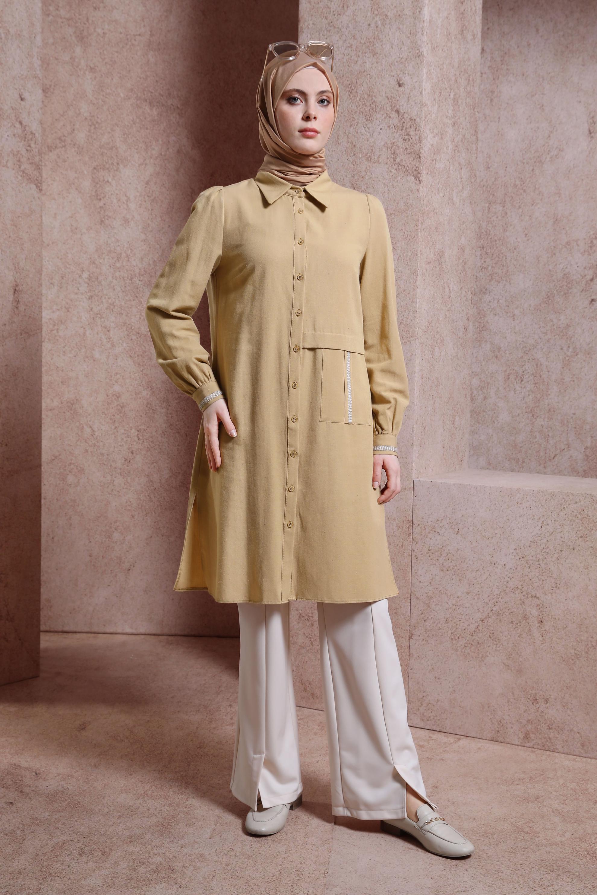 Tesettür giyim KAHVE KETEN DOKULU TUNİK 44490