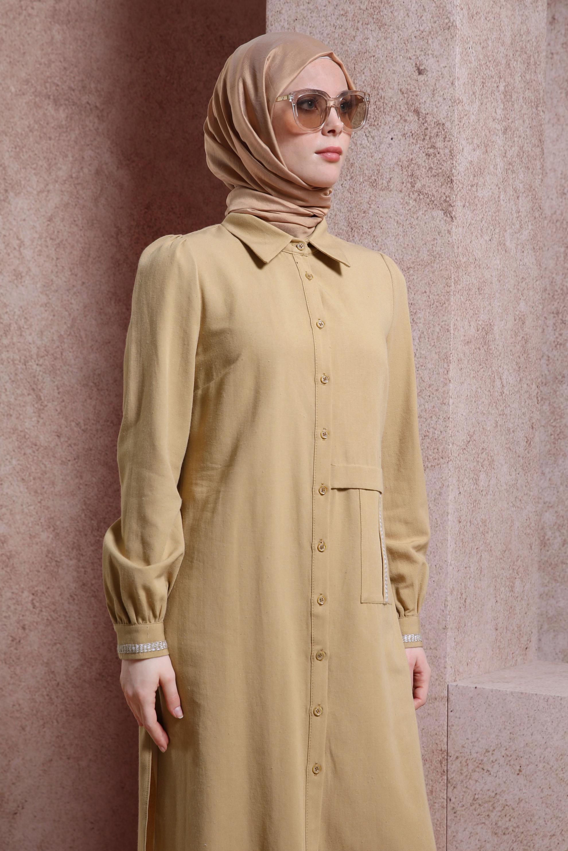 Tesettür giyim KAHVE KETEN DOKULU TUNİK 44490