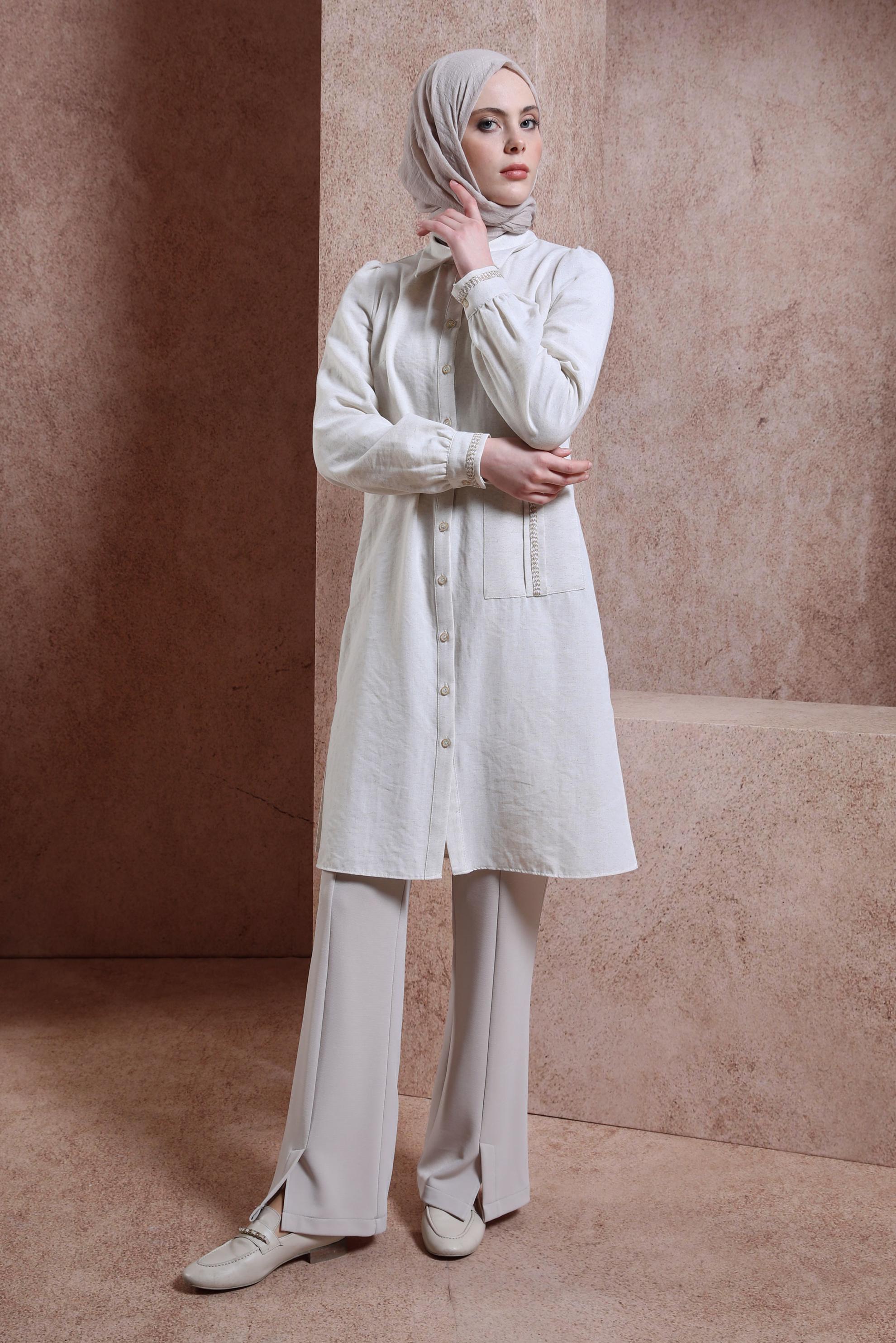 Tesettür giyim EKRU KETEN DOKULU TUNİK 44490